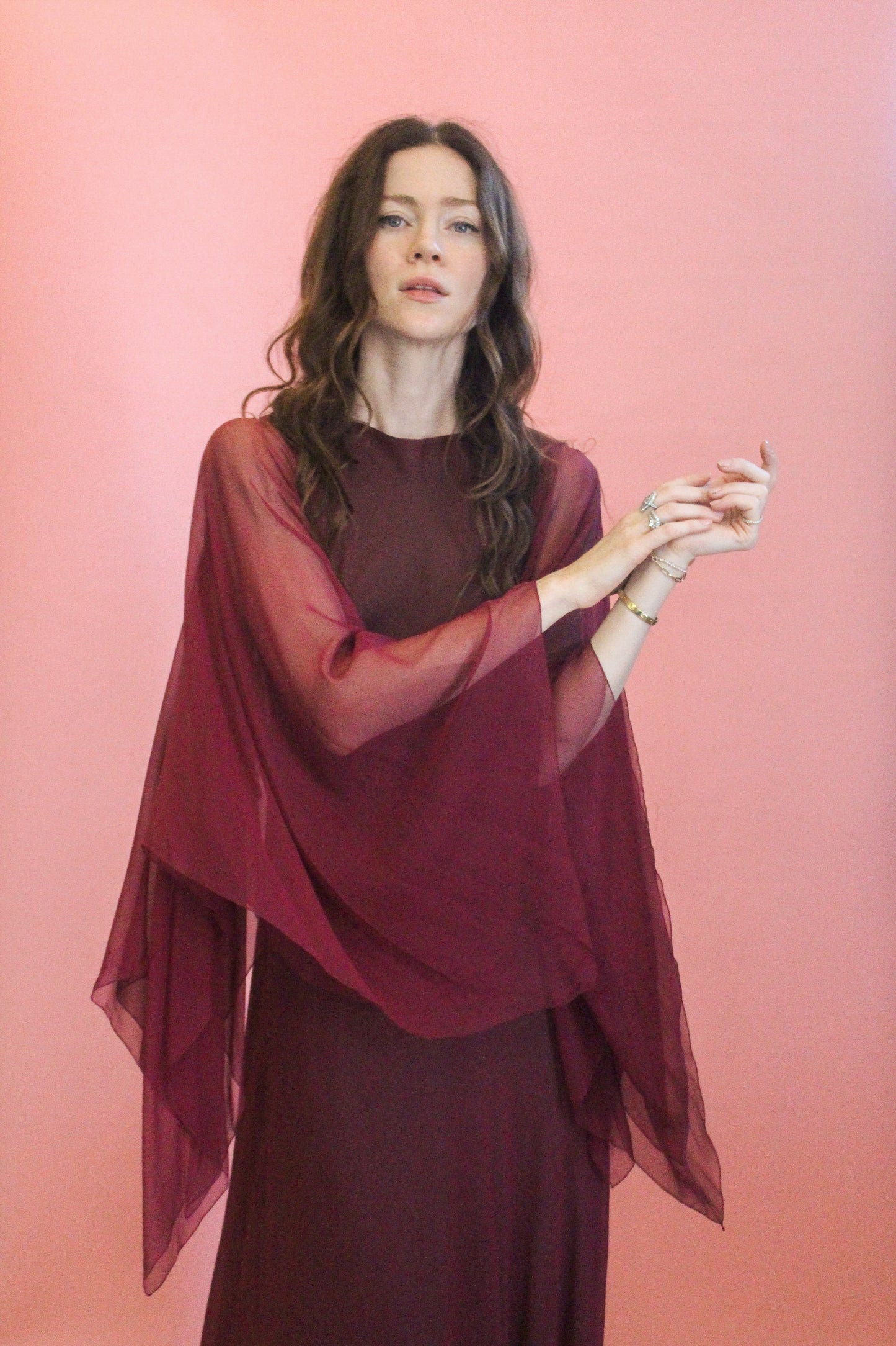 Stavropoulos Burgundy and Green Chiffon Gown