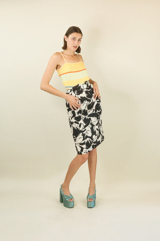 Courreges c 1980's Black & White Floral Skirt with Center Buttons - The Kit Vintage