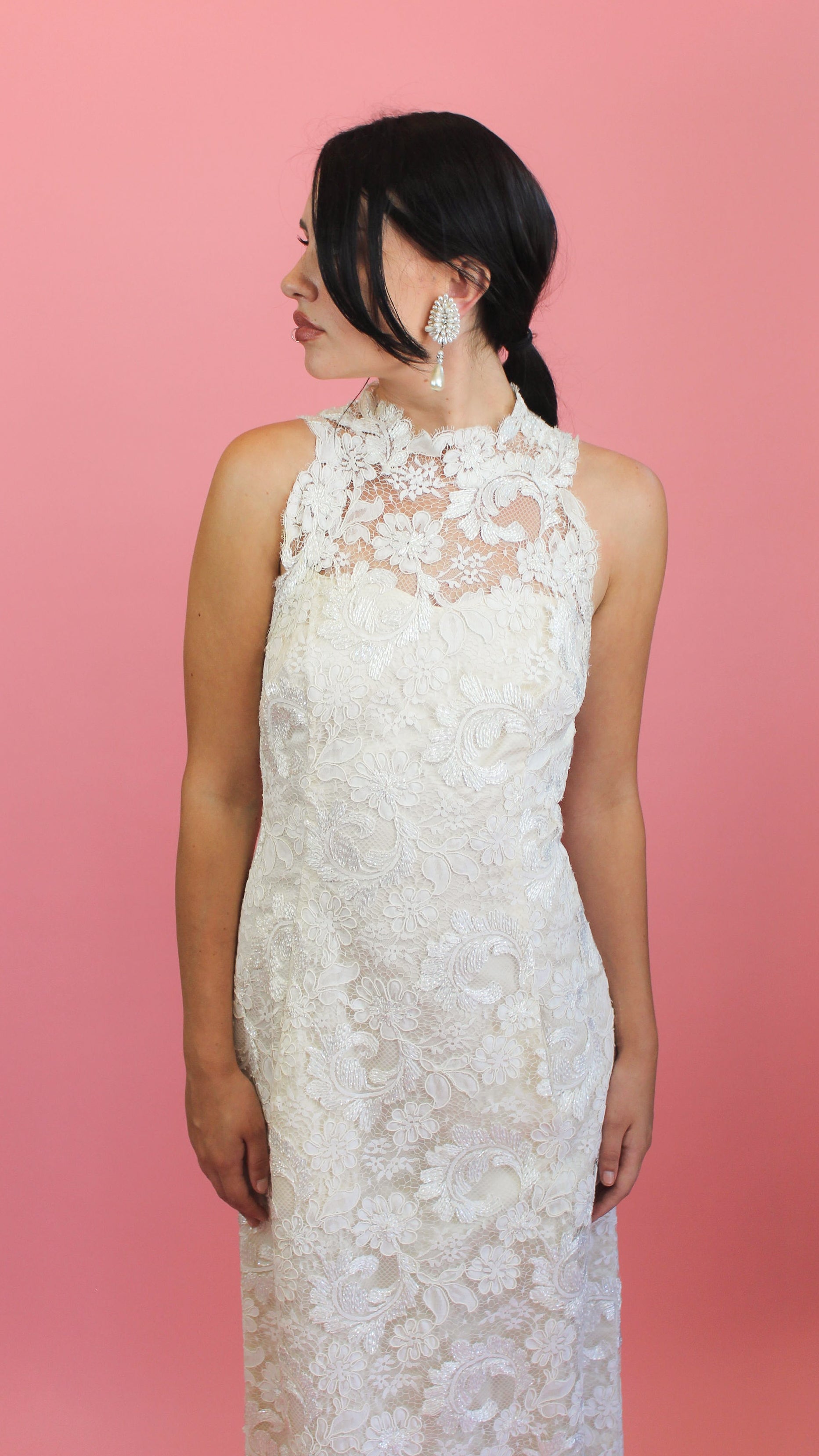 White Lace High Neck Gown - The Kit Vintage