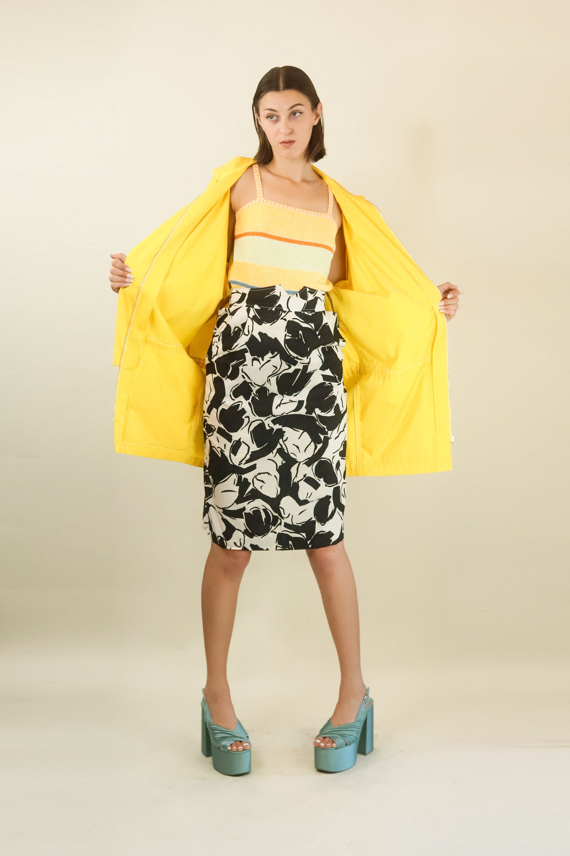 Courreges c 1980's Black & White Floral Skirt with Center Buttons - The Kit Vintage