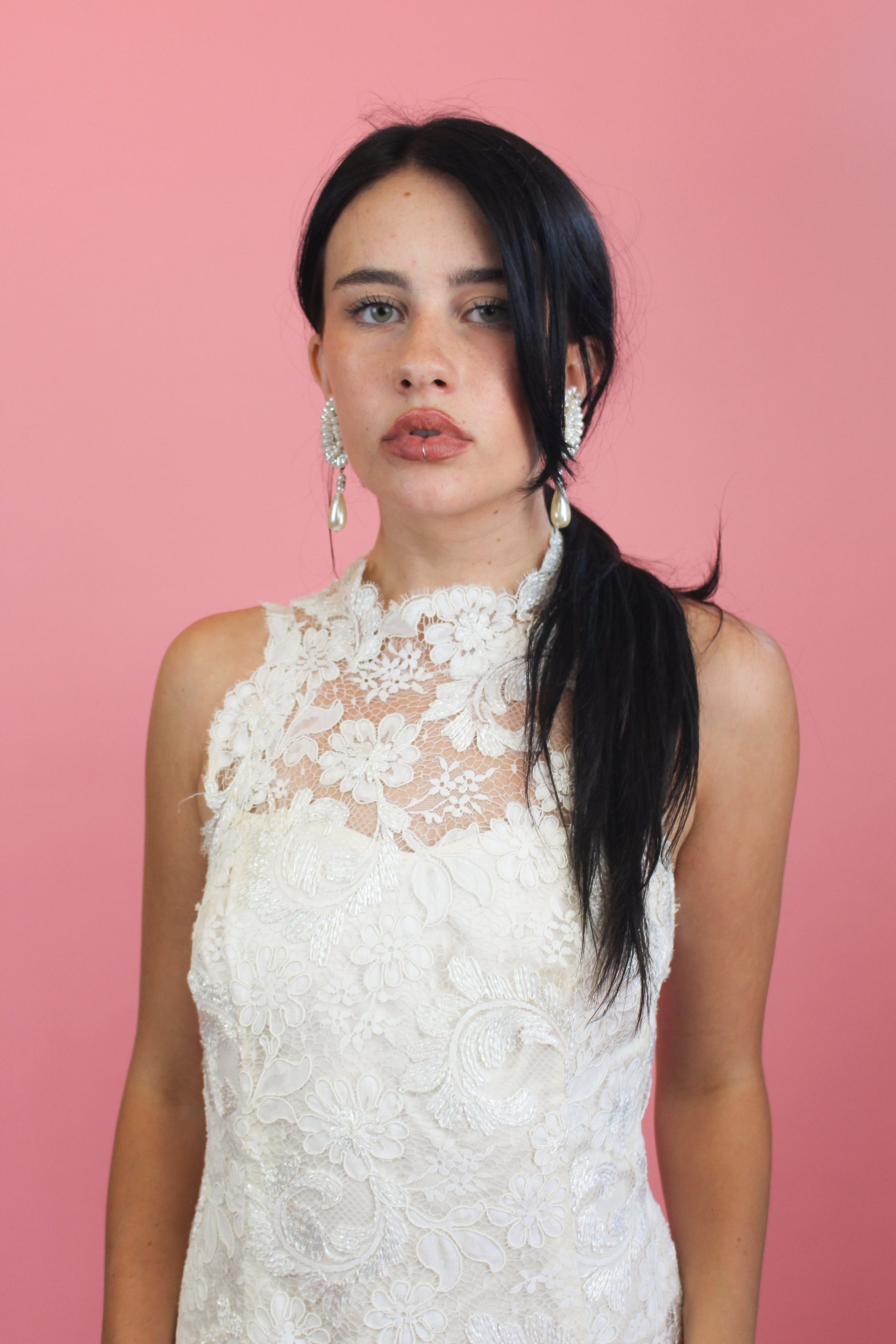 White Lace High Neck Gown - The Kit Vintage
