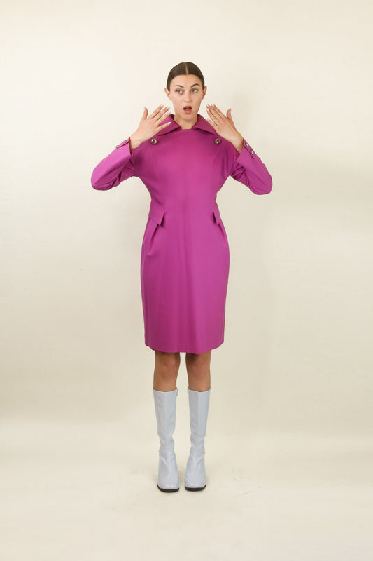 Courreges c. 1980's Pink Wool Dress with Silver Buttons - The Kit Vintage
