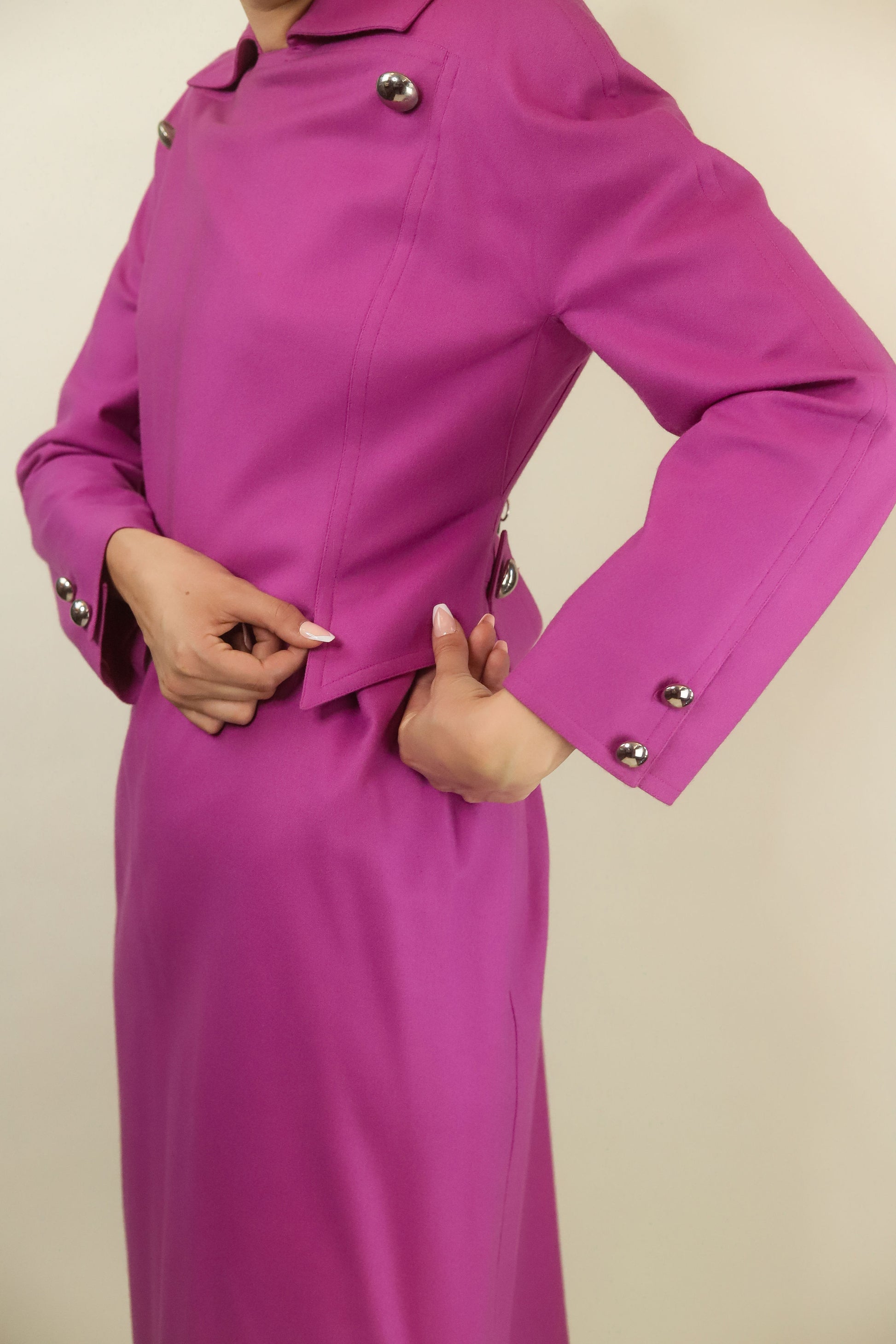 Courreges c. 1980's Pink Wool Dress with Silver Buttons - The Kit Vintage