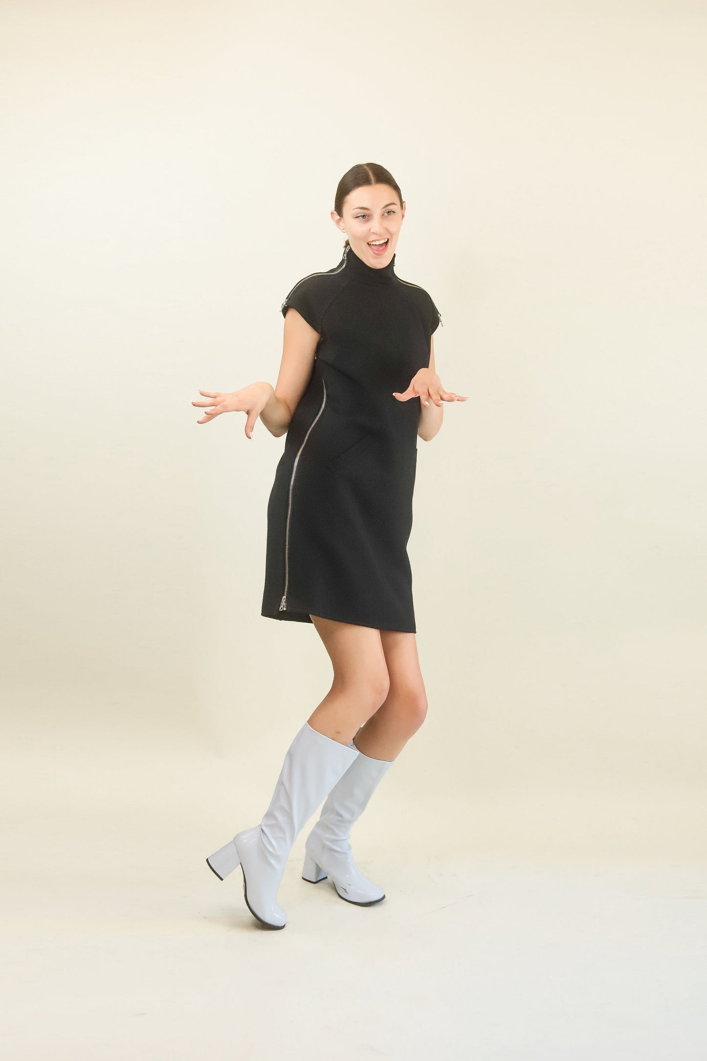 Courreges c. 1980's Black Dress with Side Metal Zippers