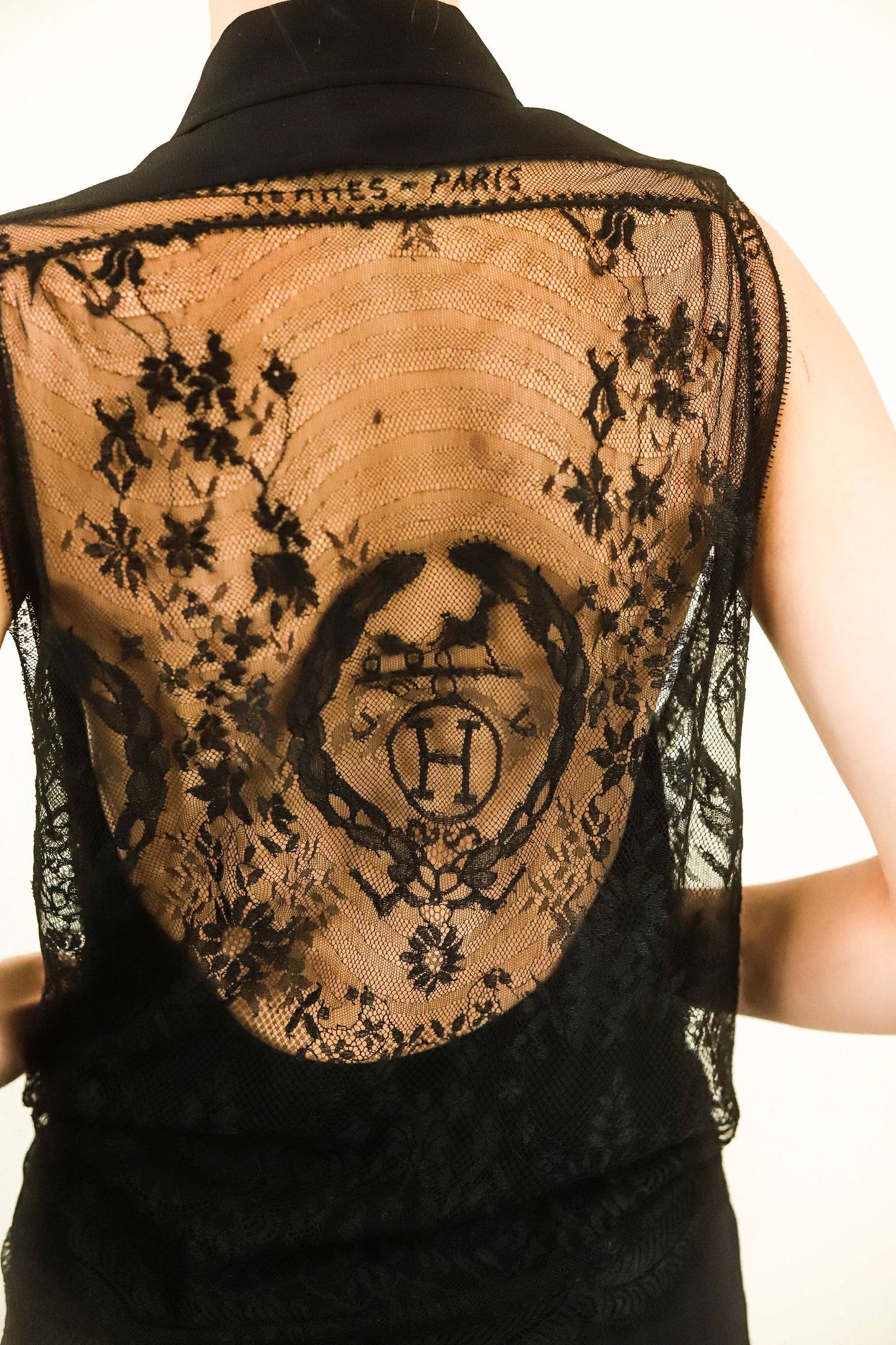 Hermes Monogram Lace Cape Button Front Gown