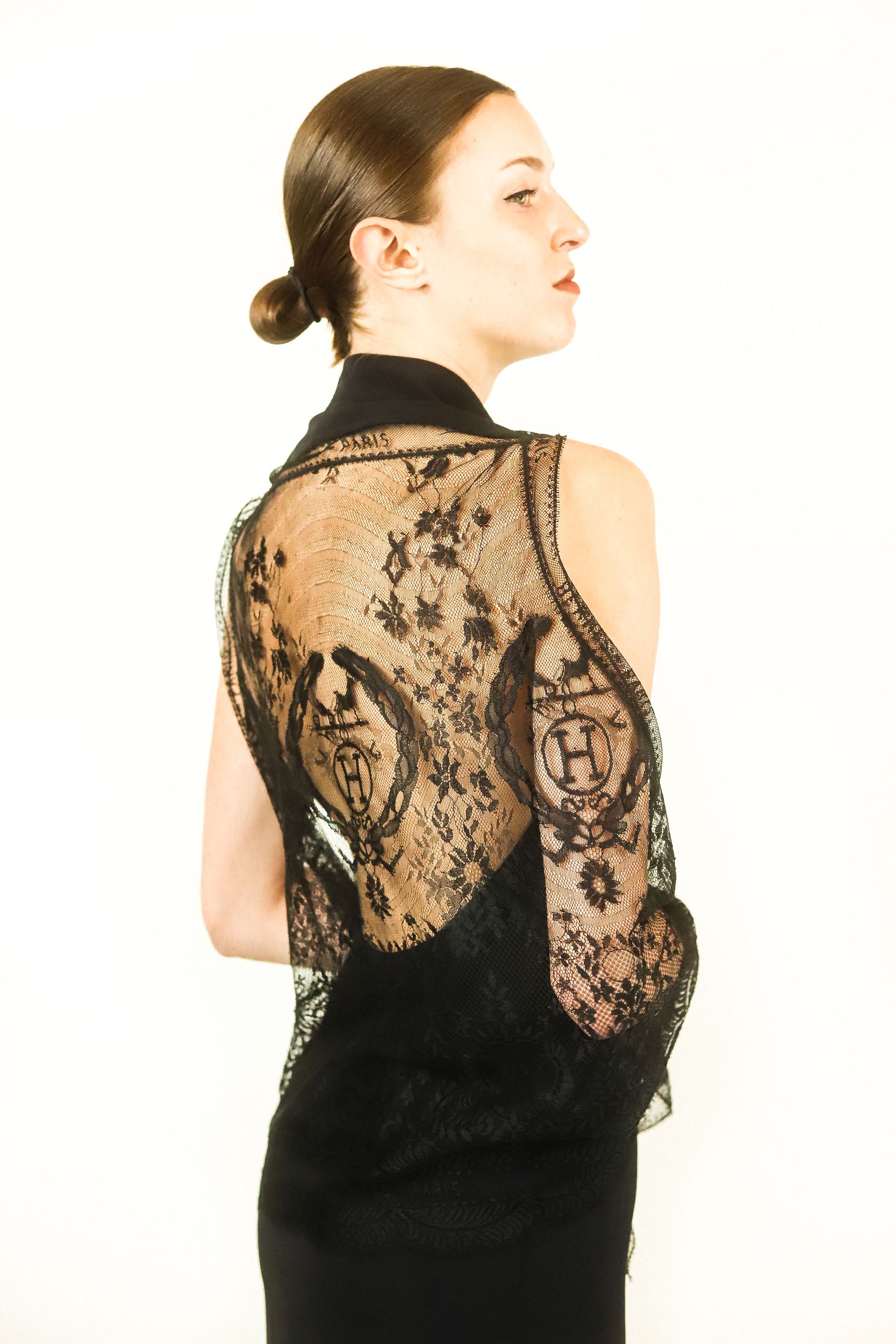 Hermes Monogram Lace Cape Button Front Gown - The Kit Vintage