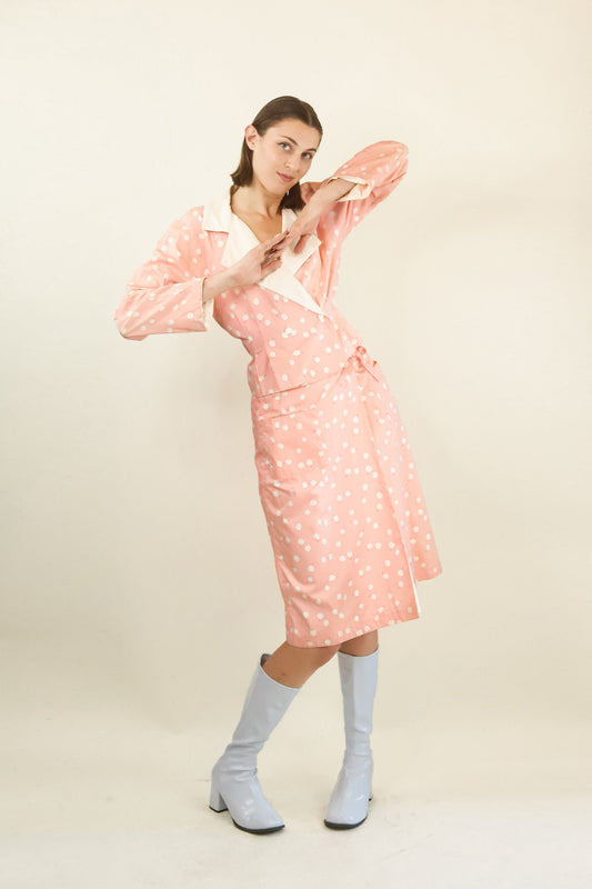 Courreges c. 1980's Pink and White Dot Skirt Suit - The Kit Vintage