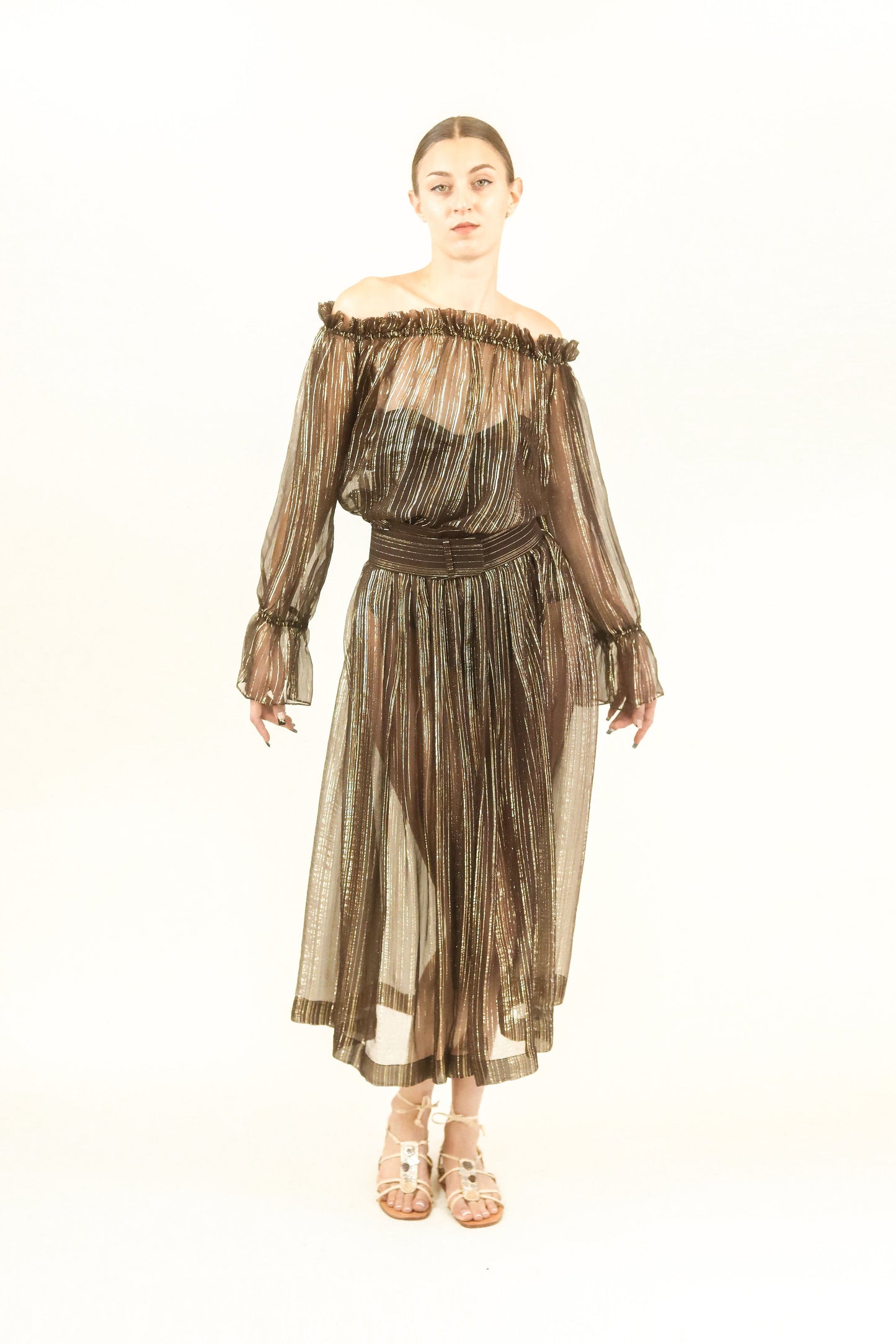 Brown & Gold Metallic Stripe Skirt Set - The Kit Vintage
