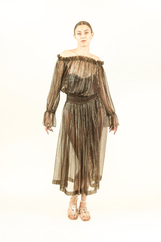 Brown & Gold Metallic Stripe Skirt Set - The Kit Vintage