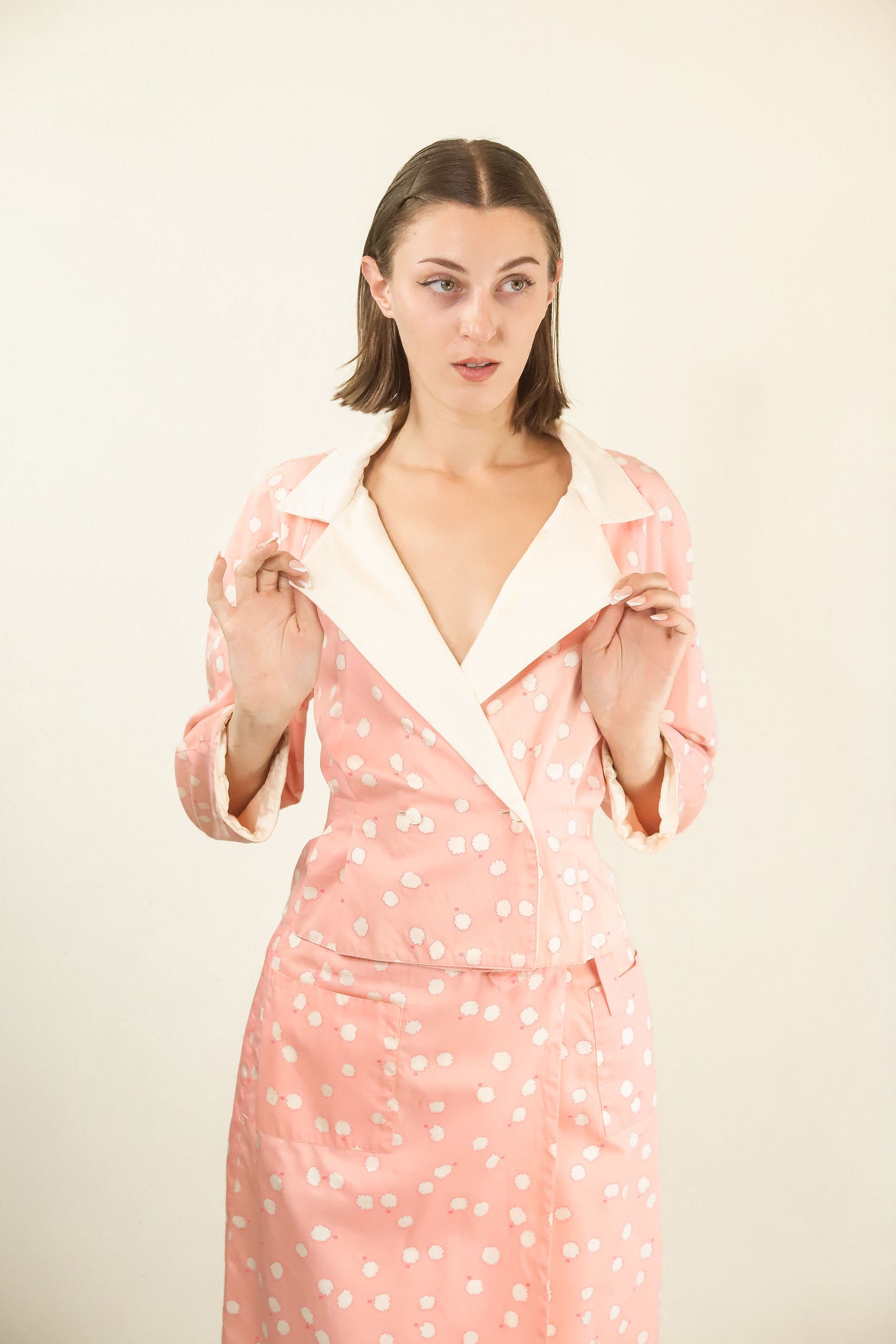 Courreges c. 1980's Pink and White Dot Skirt Suit