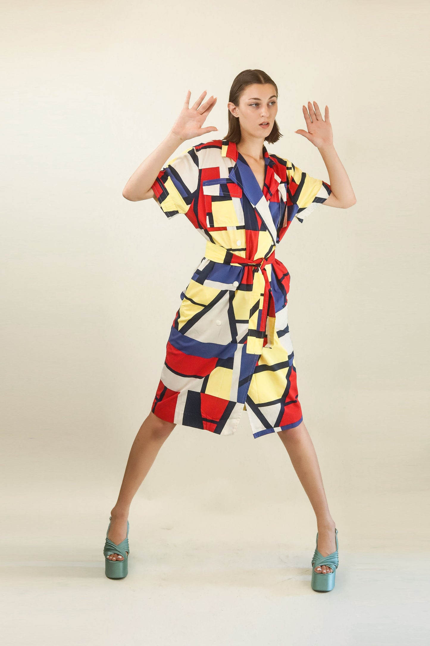 Courreges c. 1980's Mondrian Style Geometric BeltedDress - The Kit Vintage