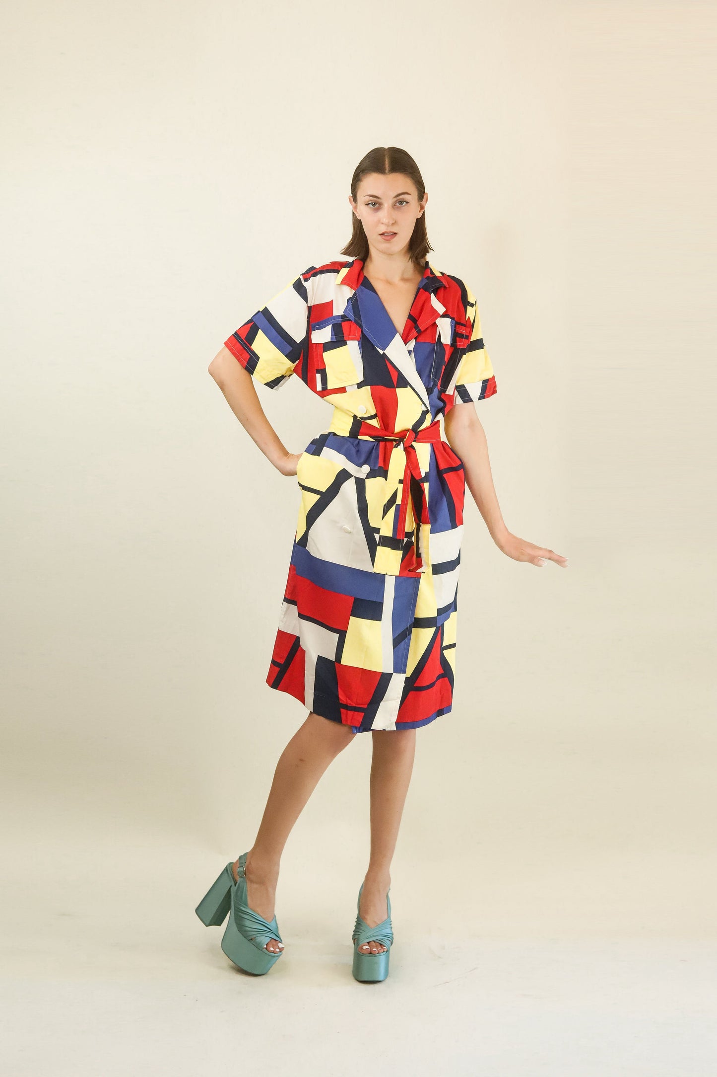 Courreges c. 1980's Mondrian Style Geometric BeltedDress - The Kit Vintage