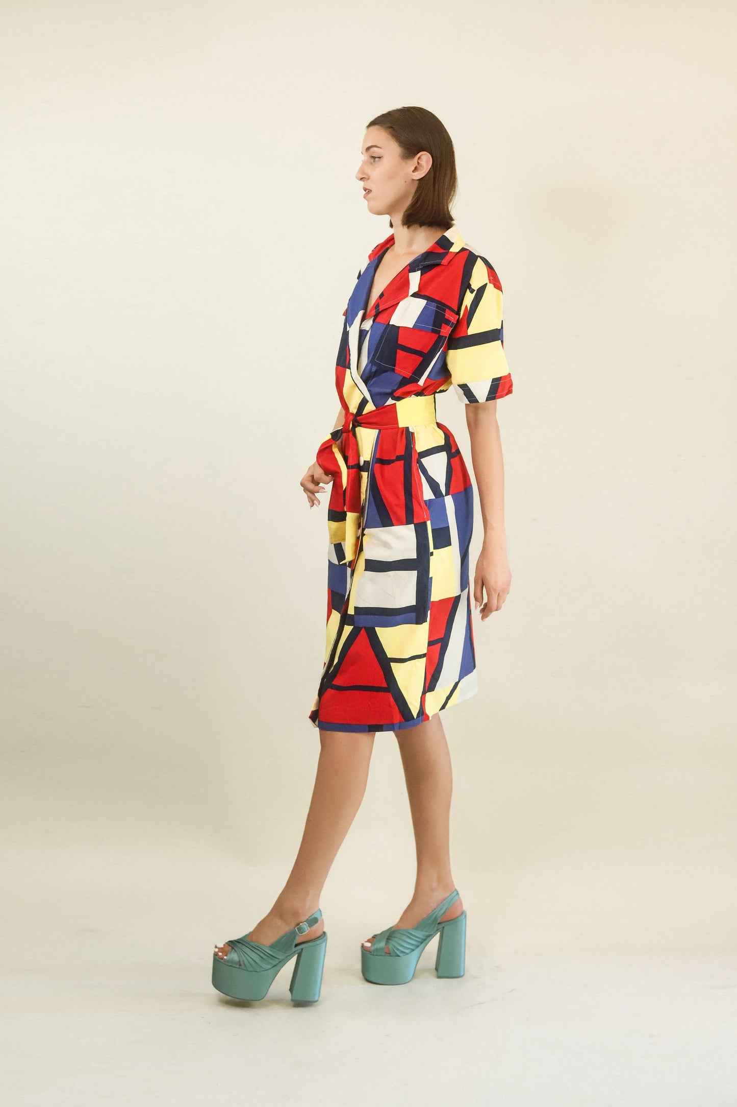 Courreges c. 1980's Mondrian Style Geometric BeltedDress - The Kit Vintage