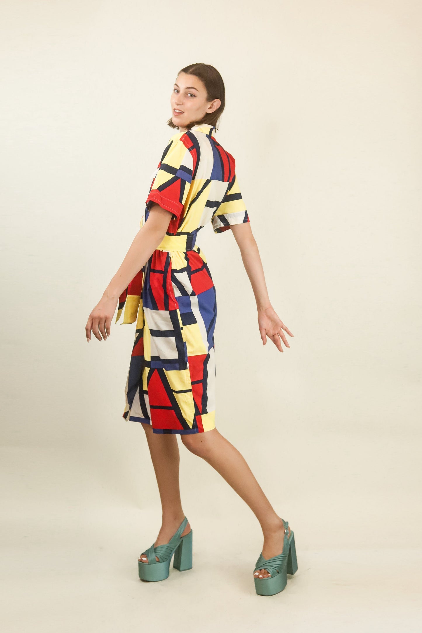 Courreges c. 1980's Mondrian Style Geometric BeltedDress - The Kit Vintage