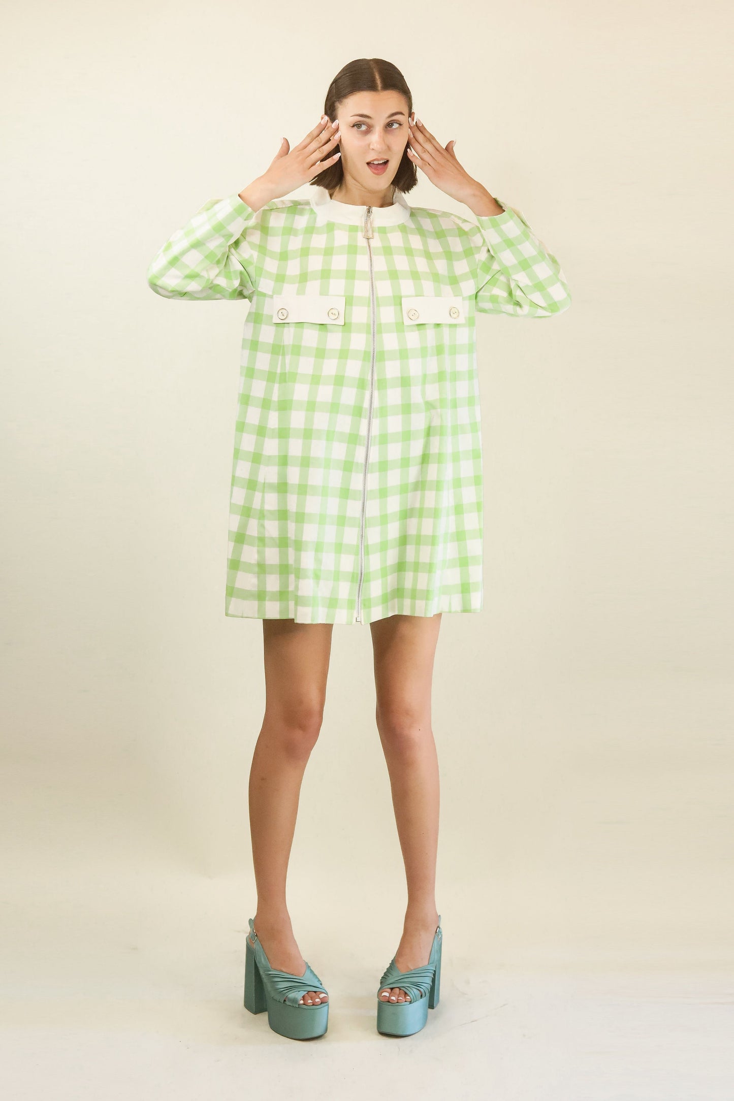 Courreges c. 1989's Lime Green and White Plaid Coat