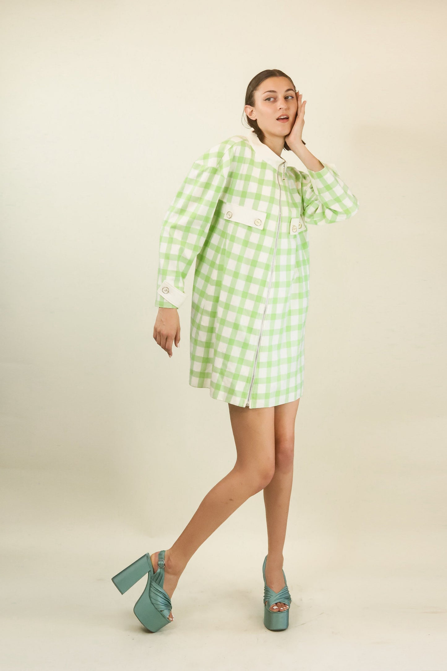 Courreges c. 1989's Lime Green and White Plaid Coat