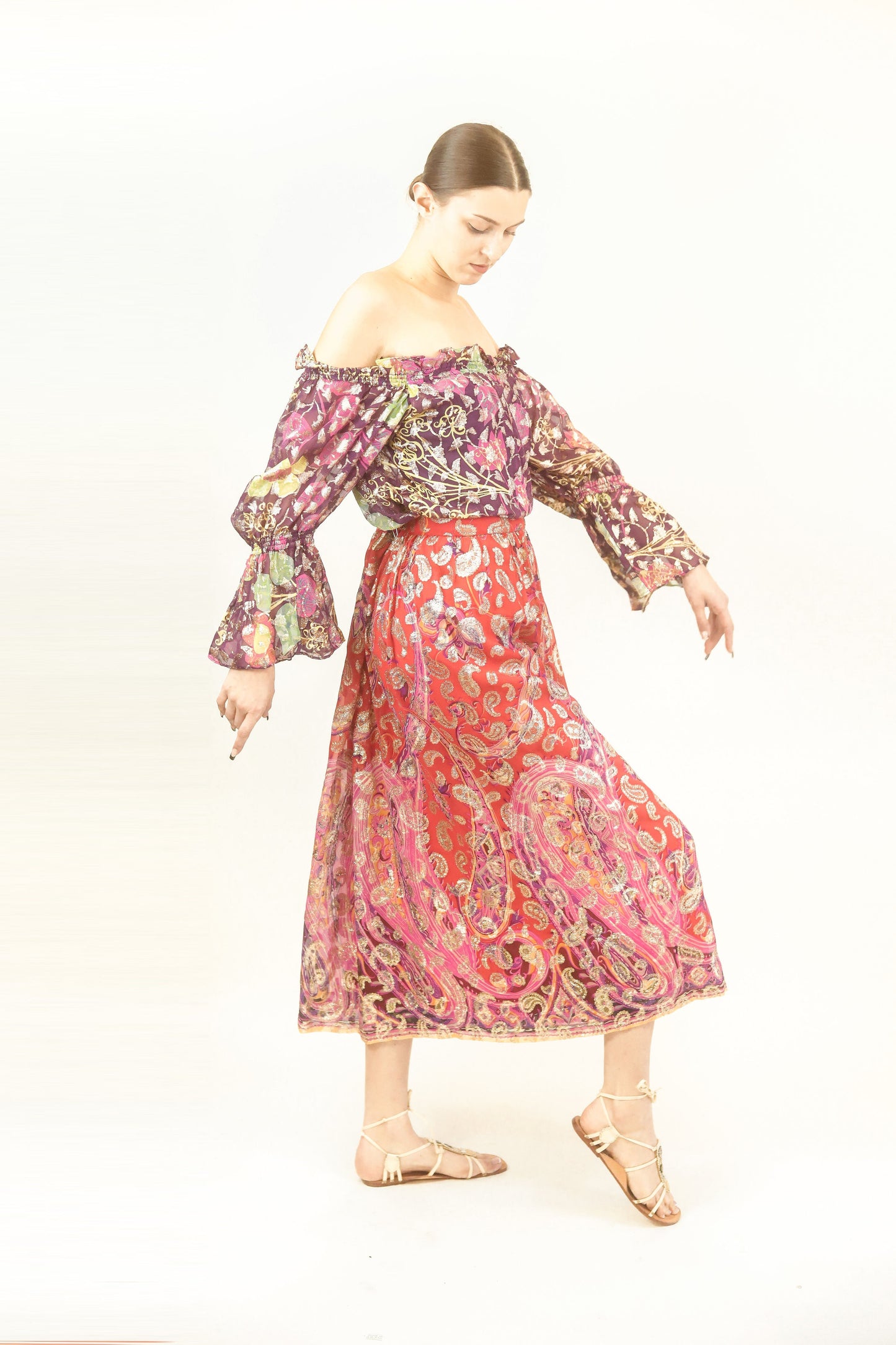 Metallic Paisley Skirt and Off the Shoulder Set - The Kit Vintage
