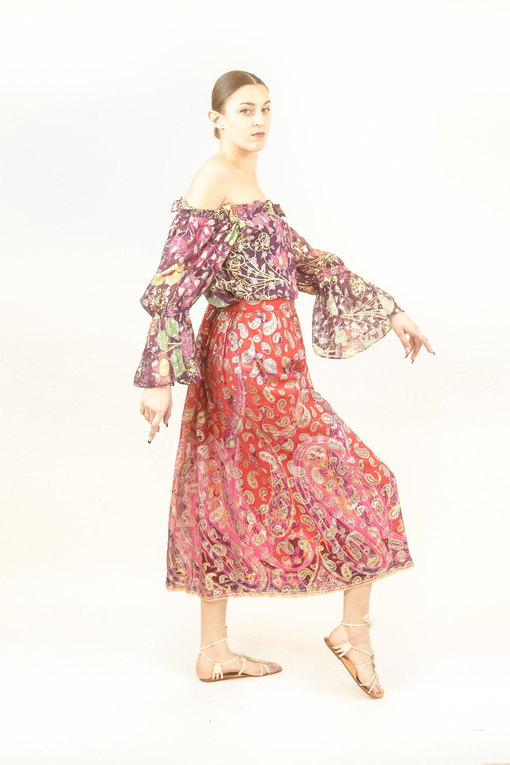 Metallic Paisley Skirt and Off the Shoulder Set - The Kit Vintage