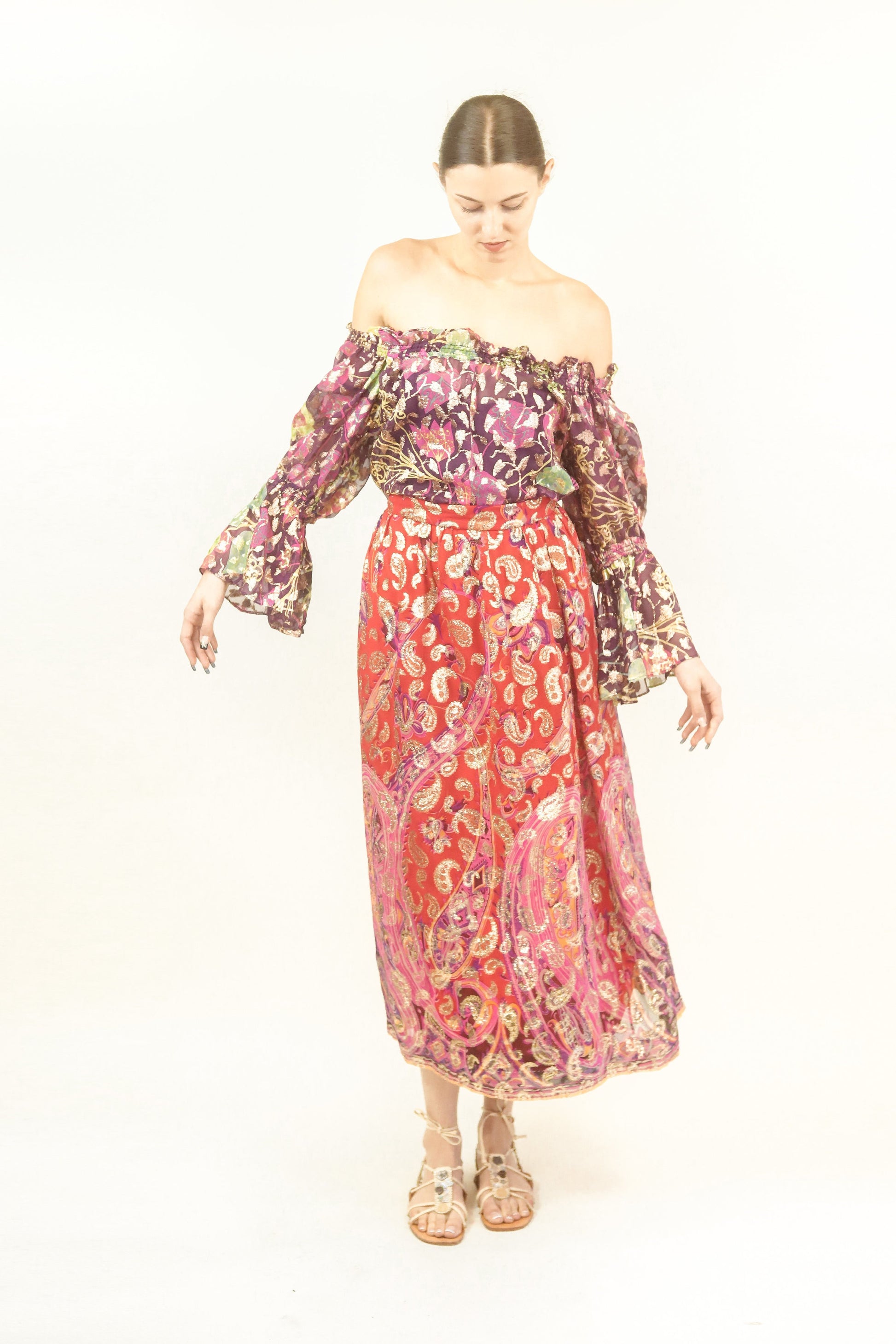 Metallic Paisley Skirt and Off the Shoulder Set - The Kit Vintage