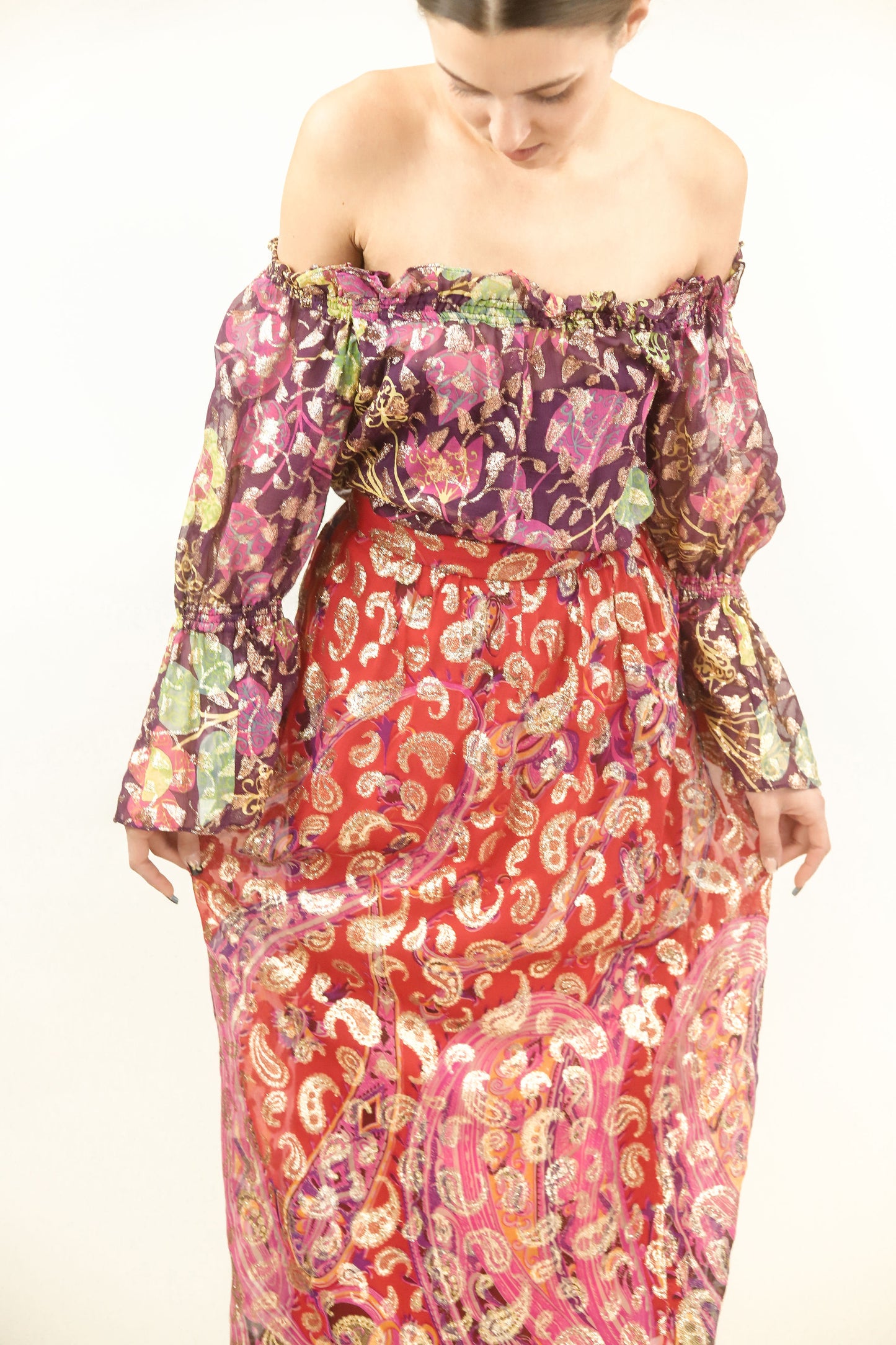 Metallic Paisley Skirt and Off the Shoulder Set - The Kit Vintage