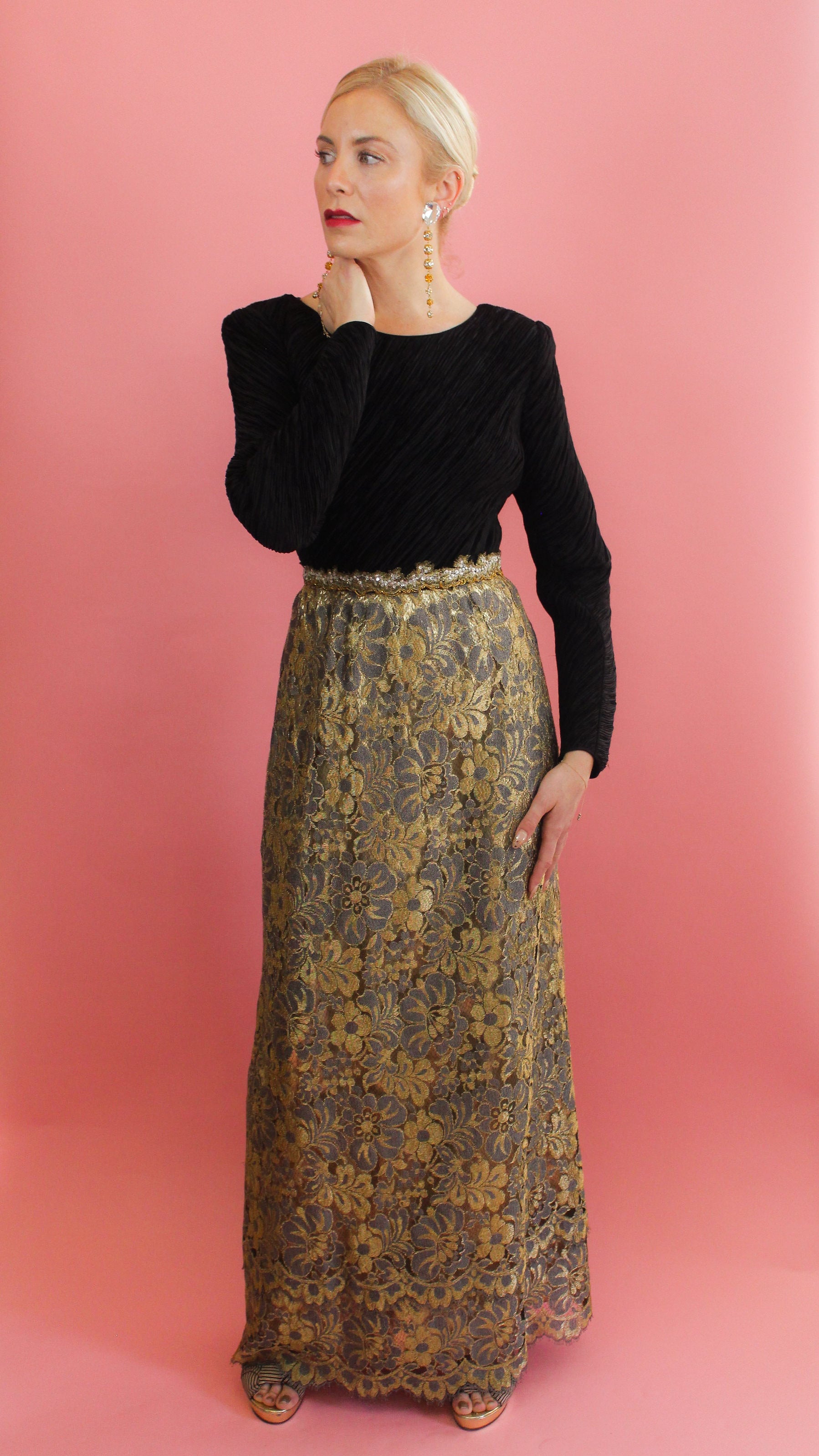 Mary McFadden Gold Lace, Open Back, Fortune Pleated Dress - The Kit Vintage