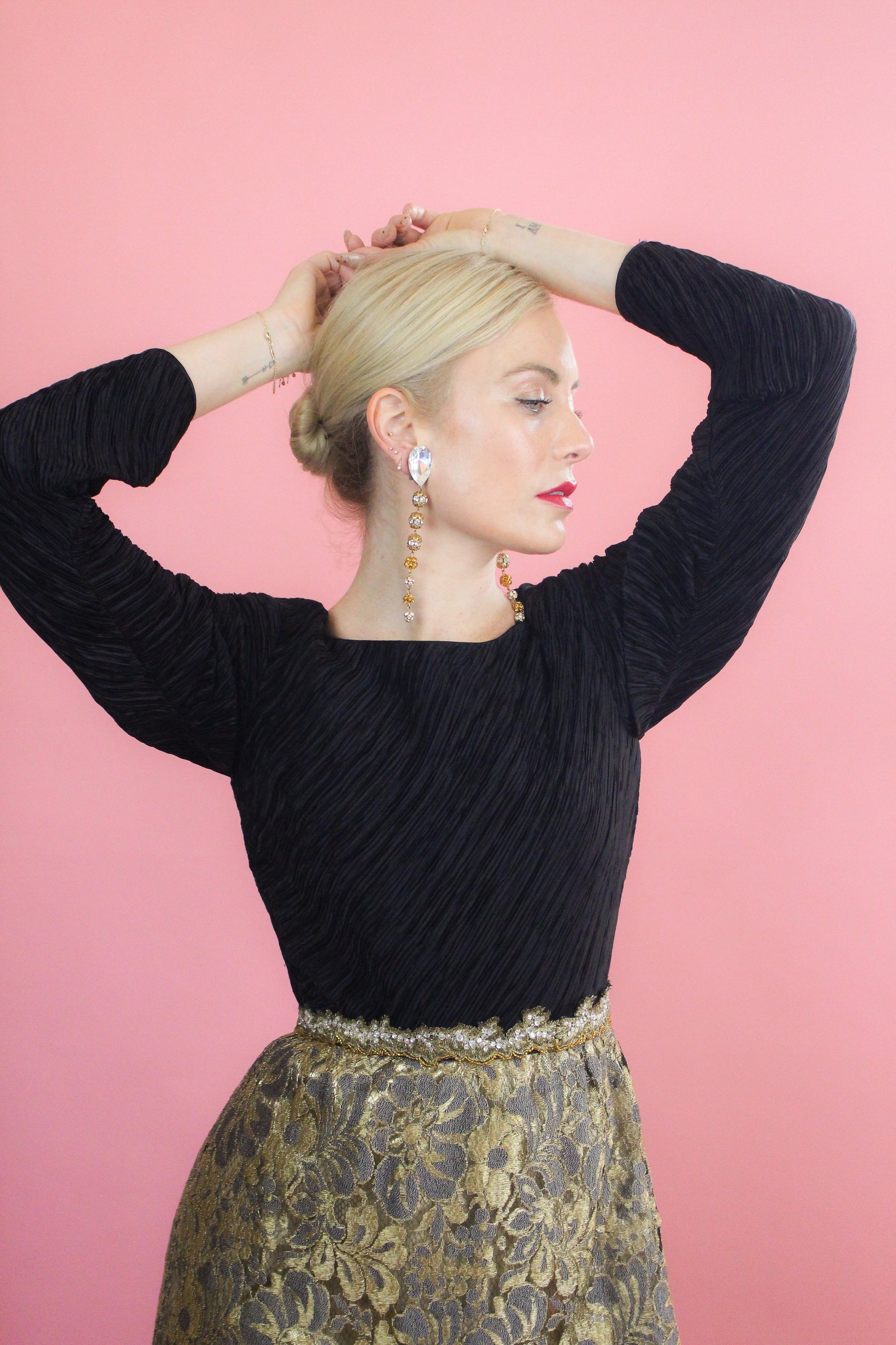 Mary McFadden Gold Lace, Open Back, Fortune Pleated Dress - The Kit Vintage