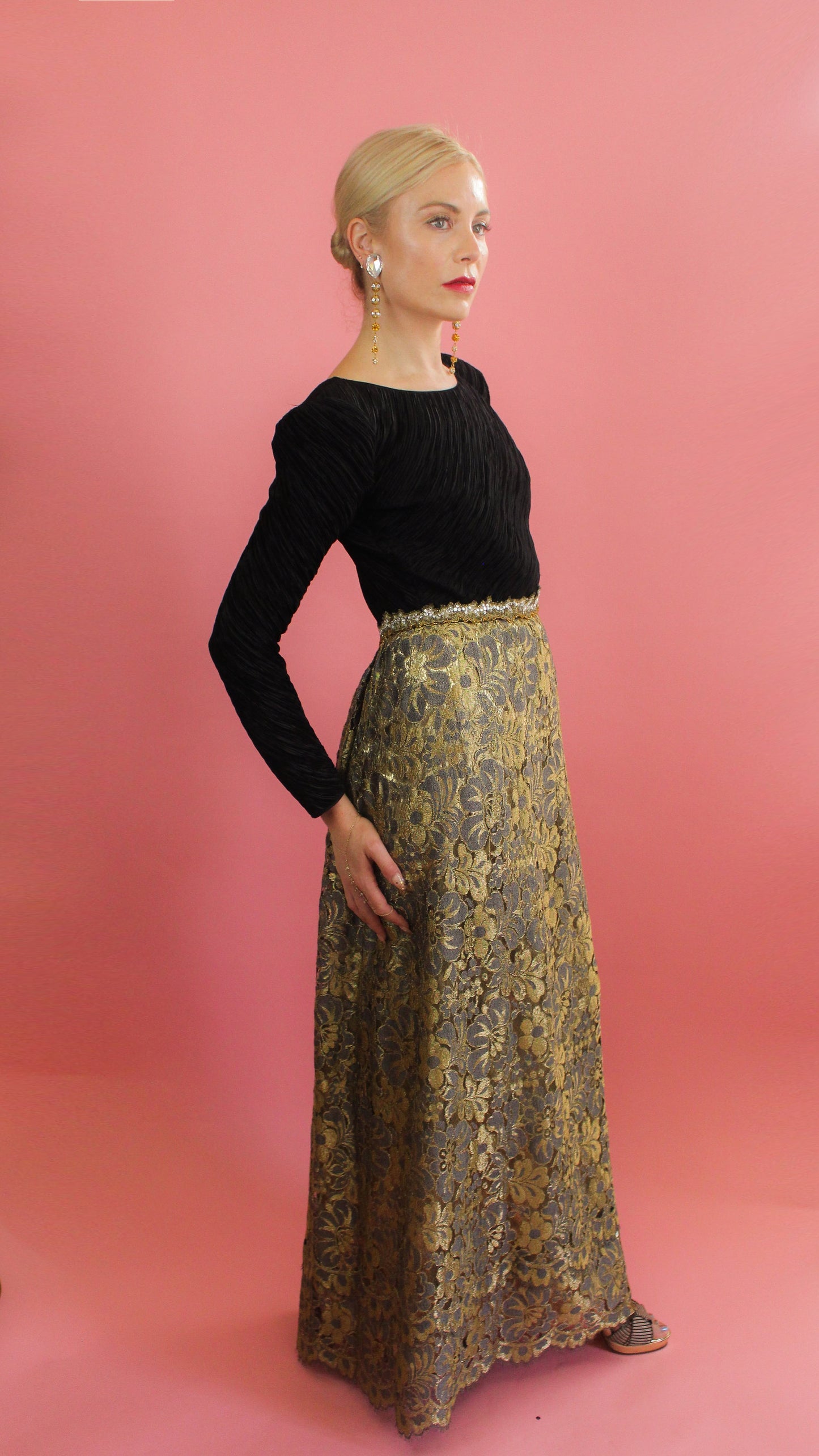 Mary McFadden Gold Lace, Open Back, Fortune Pleated Dress - The Kit Vintage