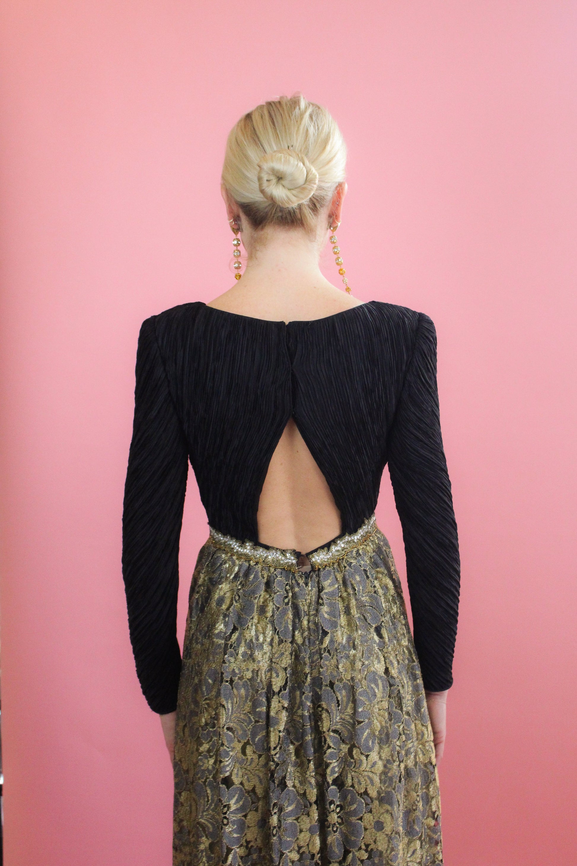 Mary McFadden Gold Lace, Open Back, Fortune Pleated Dress - The Kit Vintage