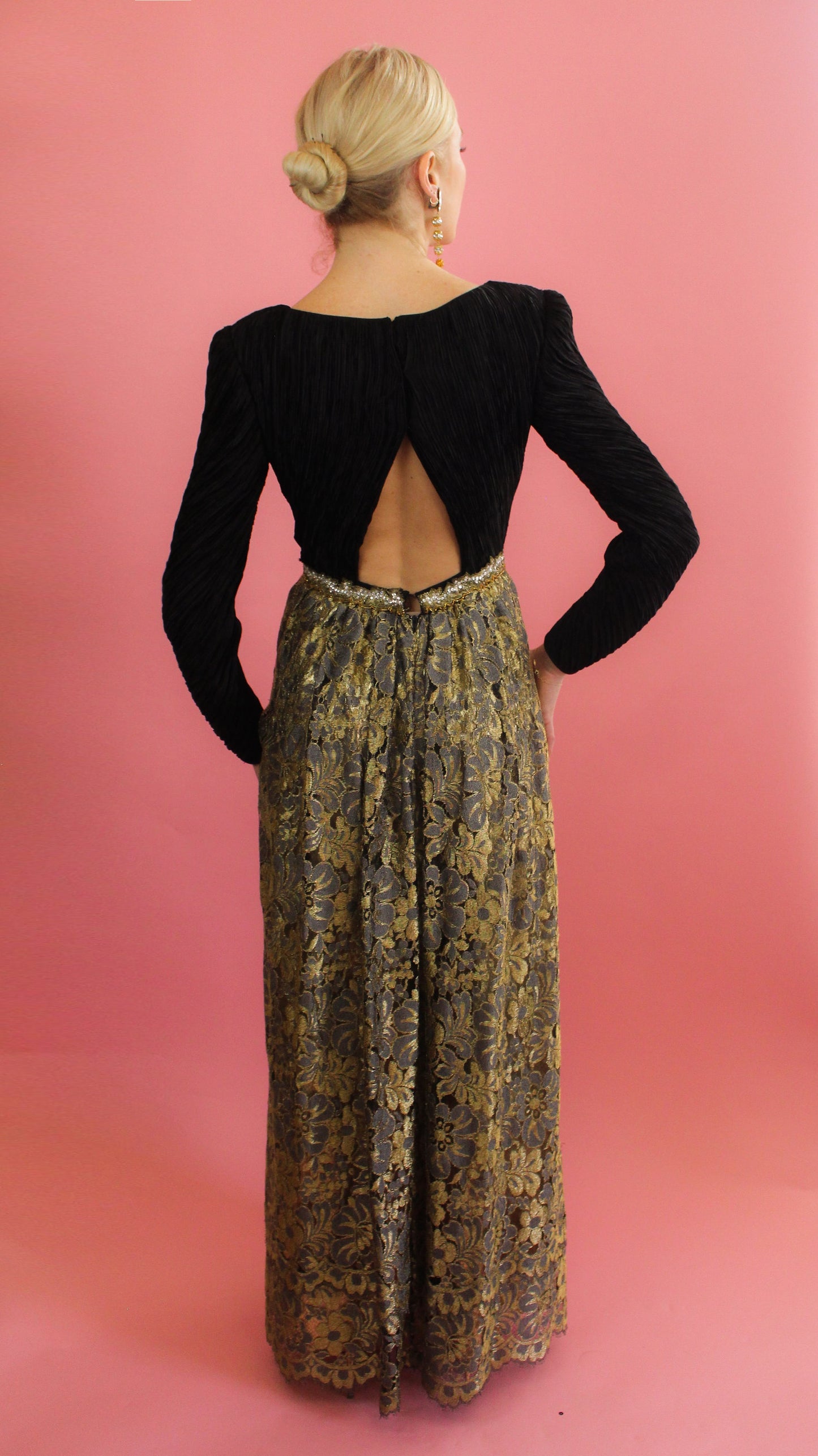 Mary McFadden Gold Lace, Open Back, Fortune Pleated Dress - The Kit Vintage