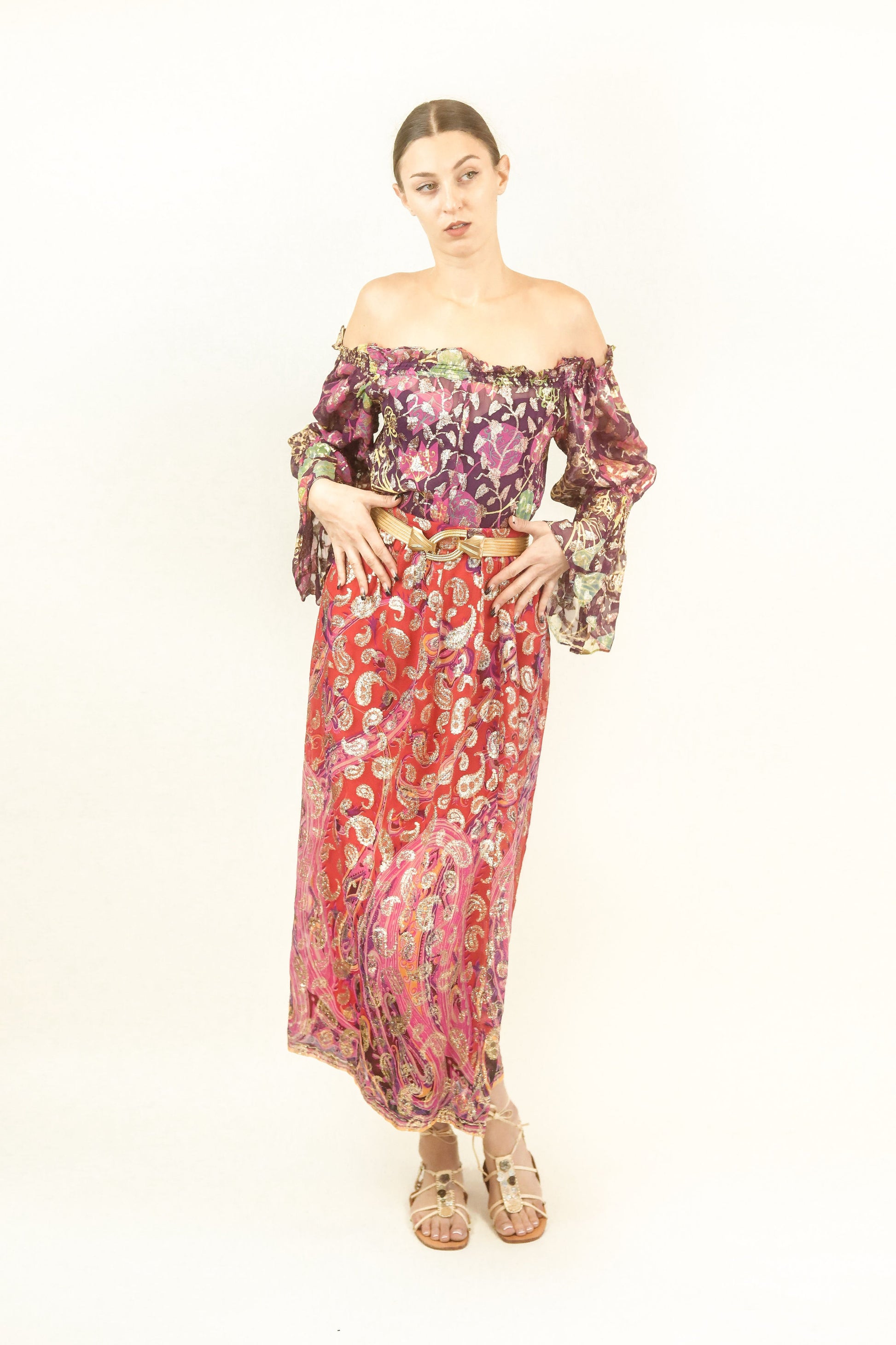 Metallic Paisley Skirt and Off the Shoulder Set - The Kit Vintage