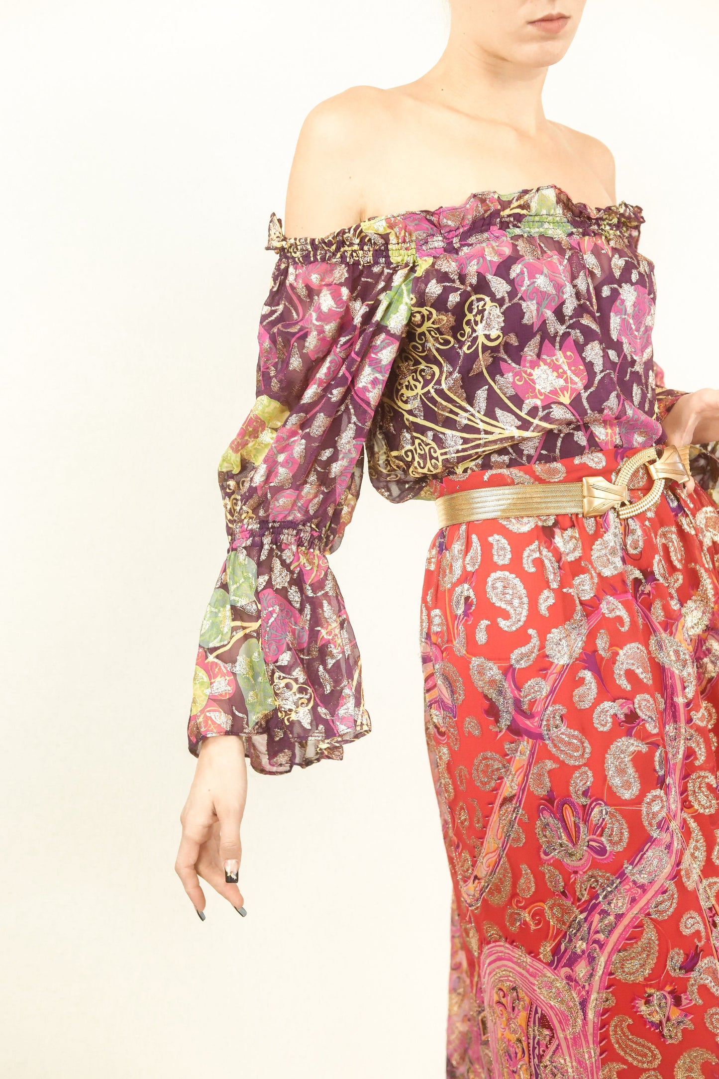 Metallic Paisley Skirt and Off the Shoulder Set - The Kit Vintage