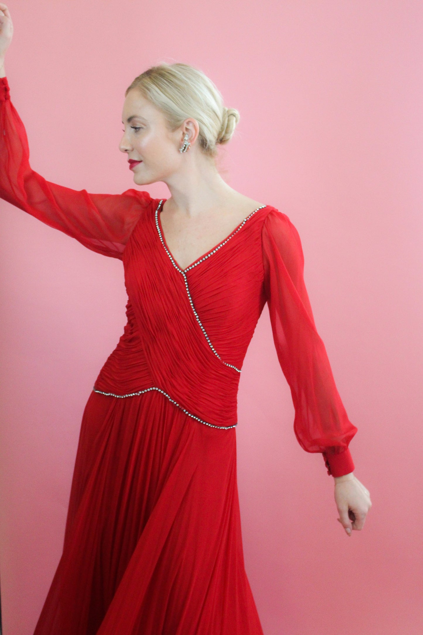 Vintage Richilene Red Chiffon & Feather Trim Gown