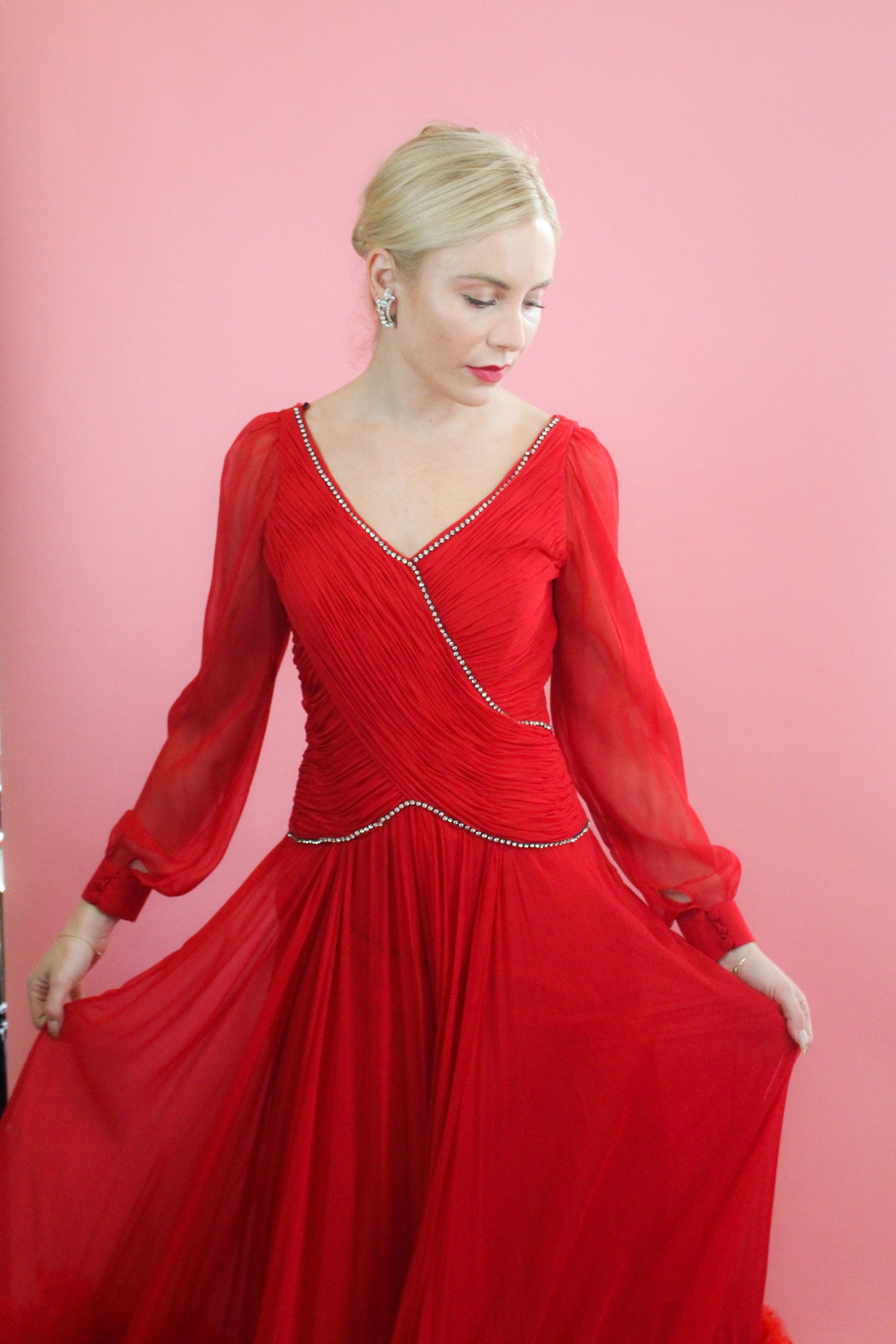 Vintage Richilene Red Chiffon & Feather Trim Gown