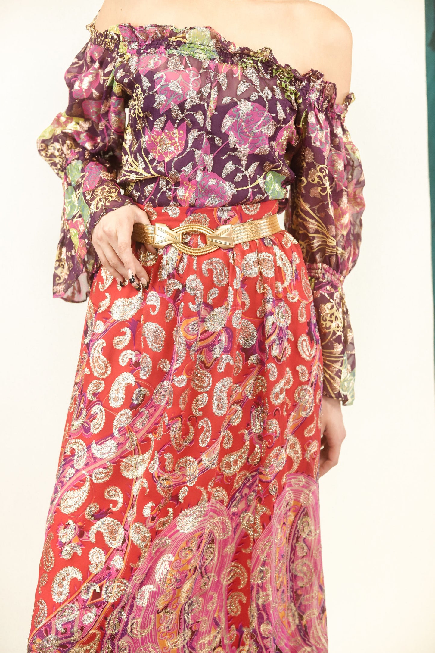 Metallic Paisley Skirt and Off the Shoulder Set - The Kit Vintage