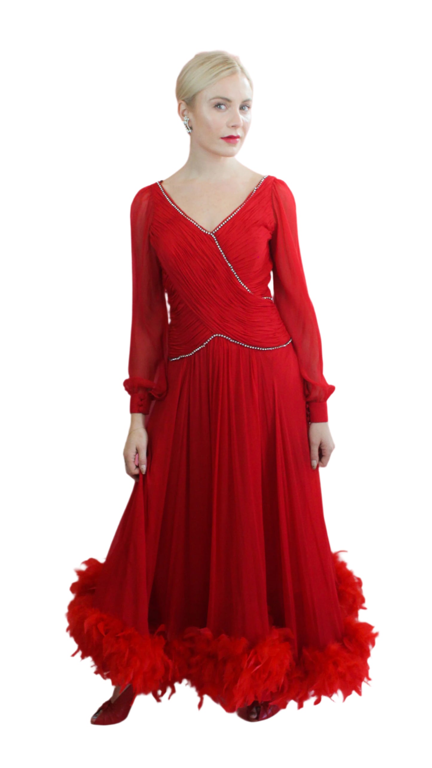 Vintage Richilene Red Chiffon & Feather Trim Gown - The Kit Vintage