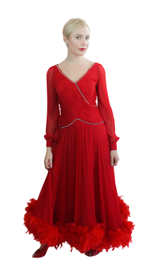 Vintage Richilene Red Chiffon & Feather Trim Gown - The Kit Vintage