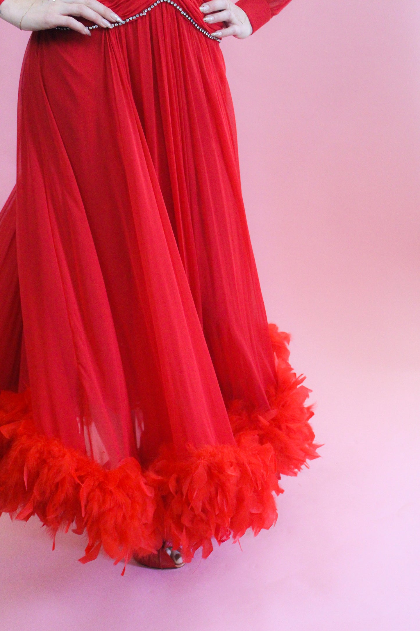 Vintage Richilene Red Chiffon & Feather Trim Gown