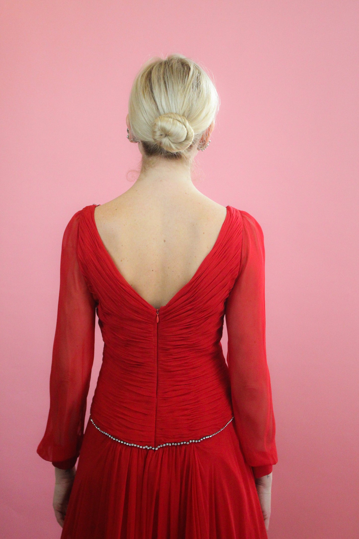 Vintage Richilene Red Chiffon & Feather Trim Gown
