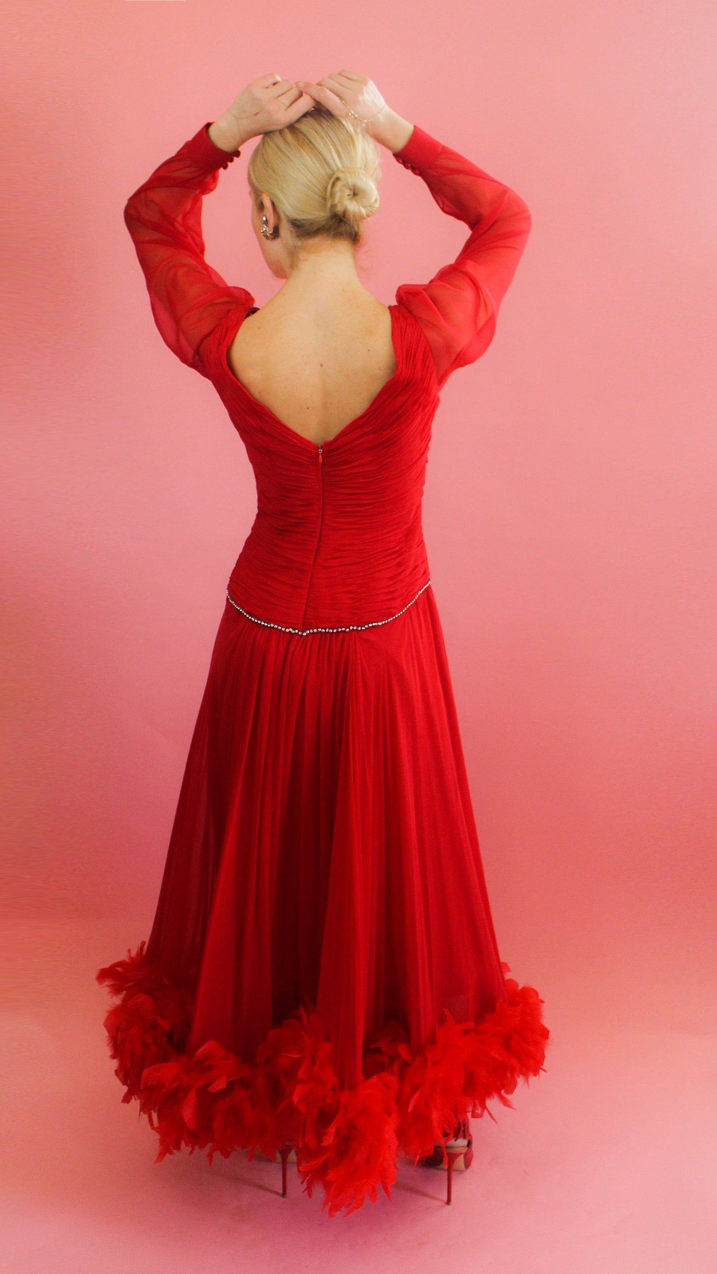 Vintage Richilene Red Chiffon & Feather Trim Gown
