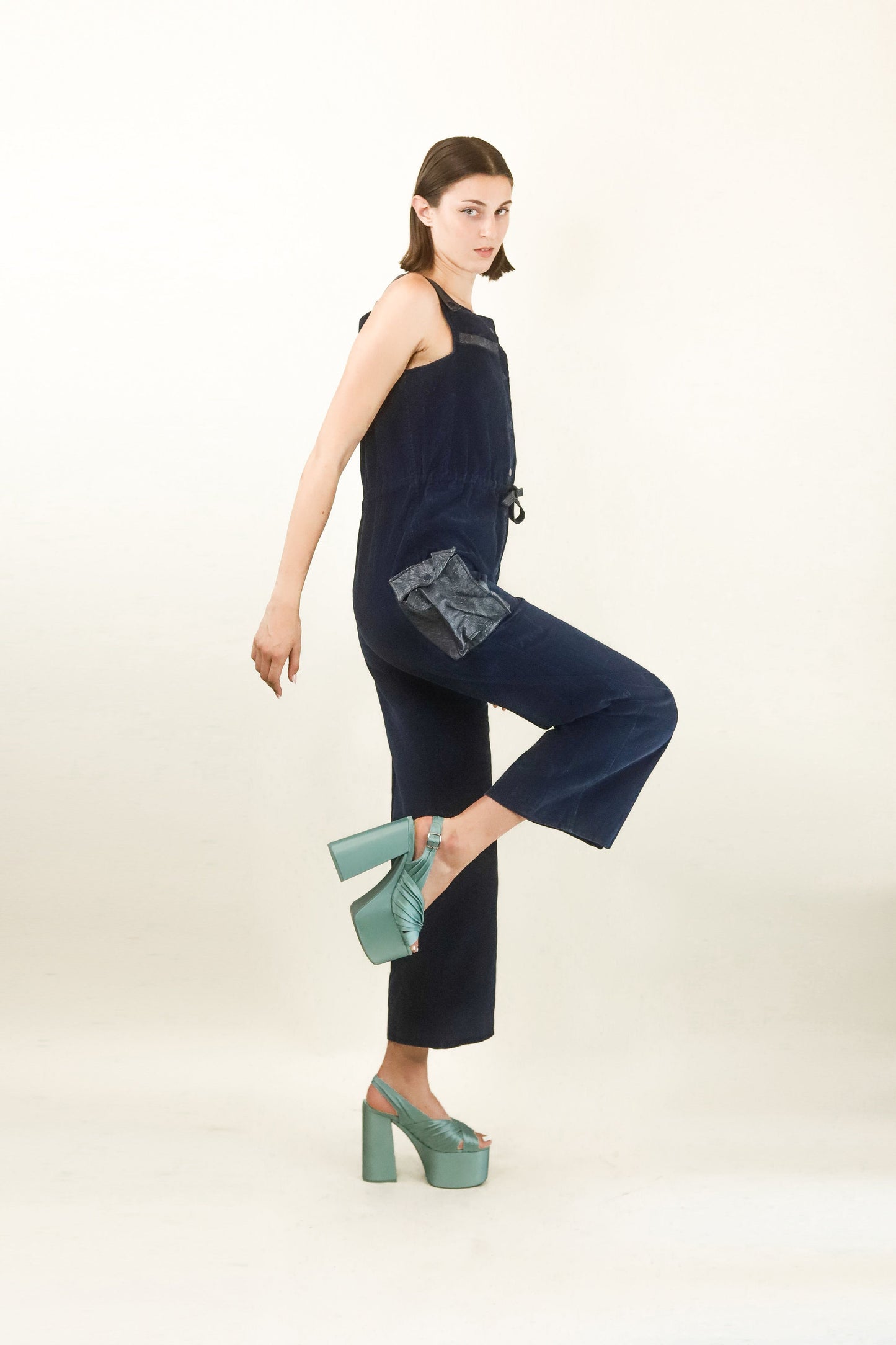 Courreges Hyperbole c.1970's Navy Corduroy and Vinyl Jumpsuit - The Kit Vintage