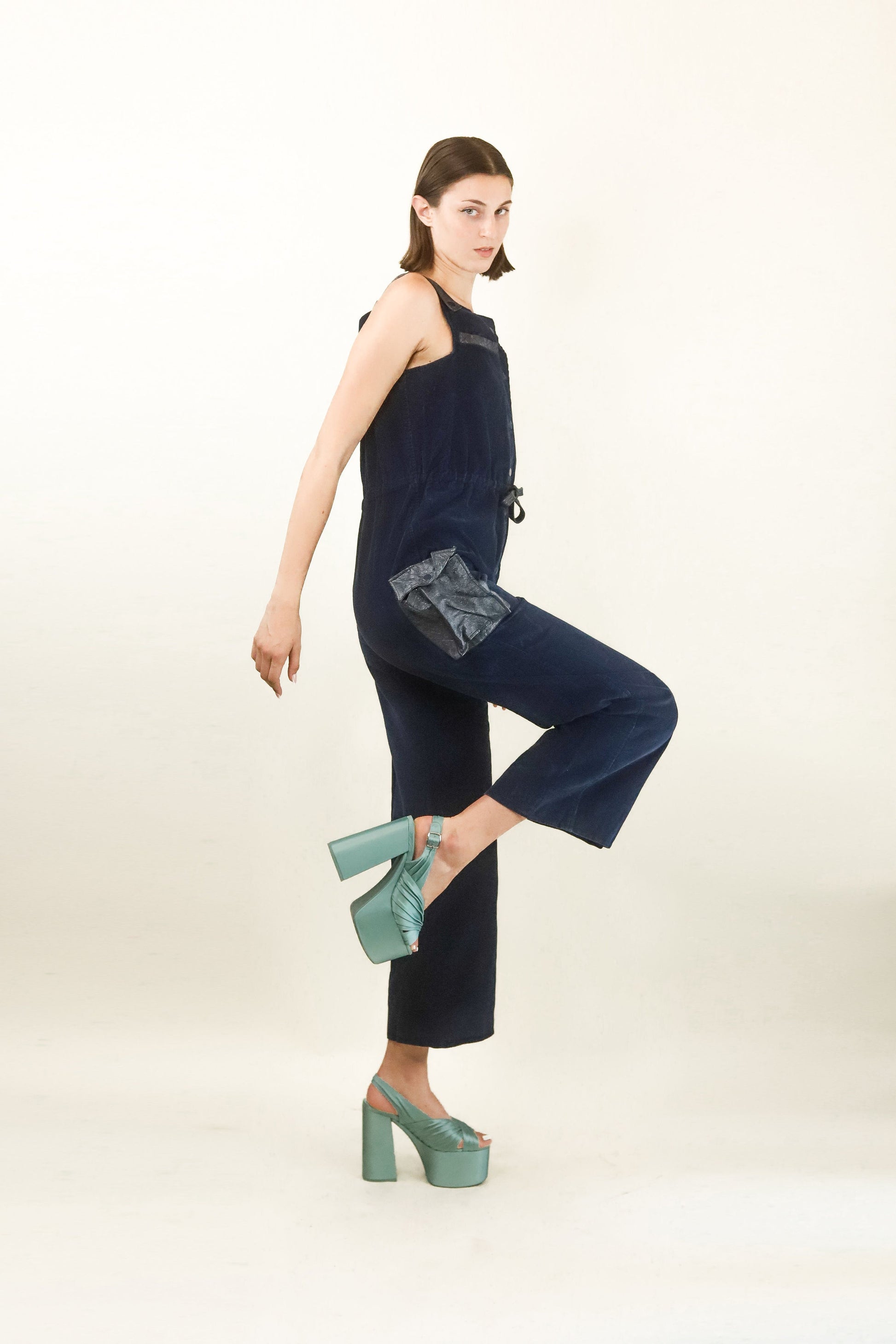 Courreges Hyperbole c.1970's Navy Corduroy and Vinyl Jumpsuit - The Kit Vintage