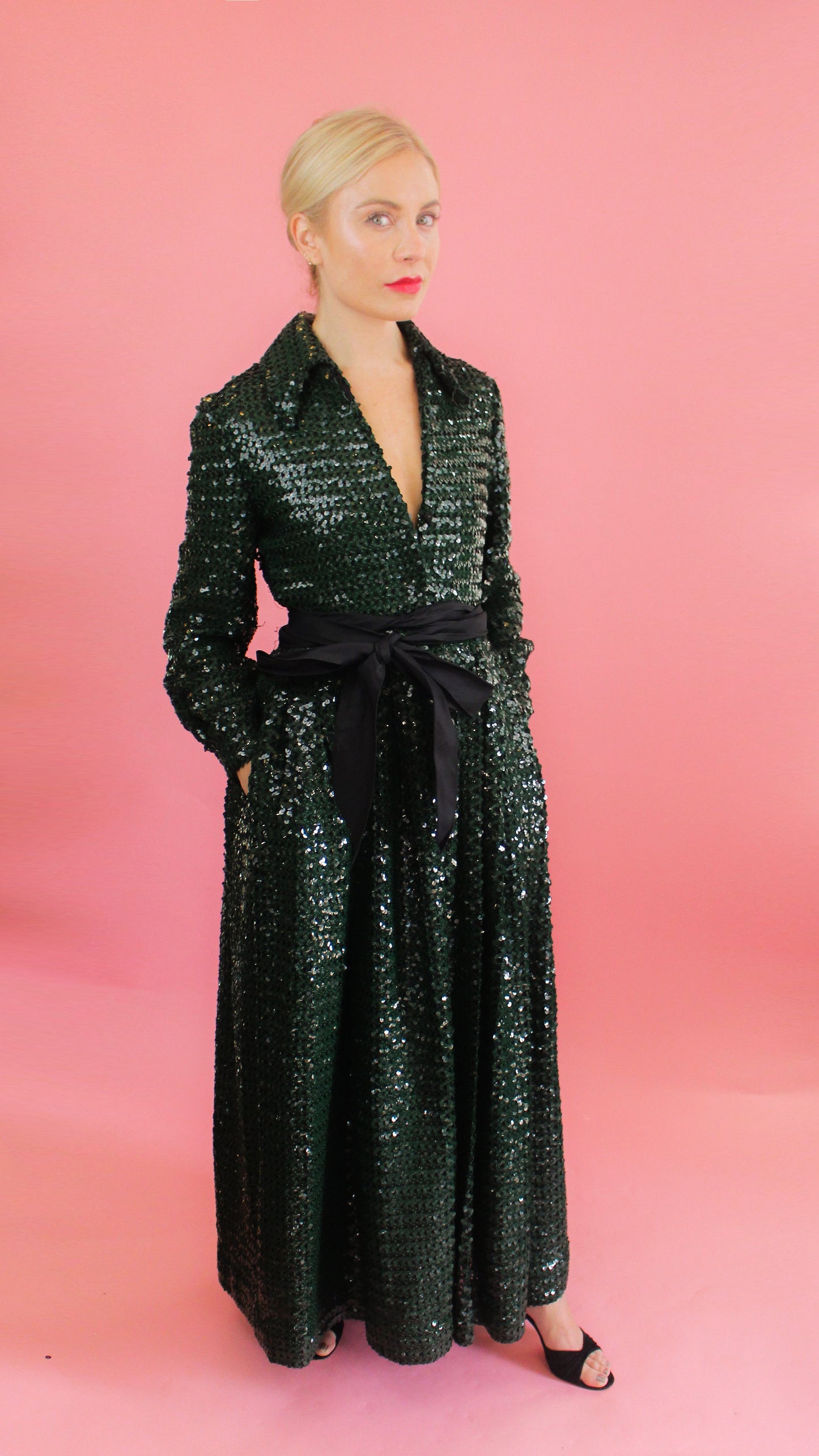 Forest Green Sequin Gown/Dress with Sash - The Kit Vintage