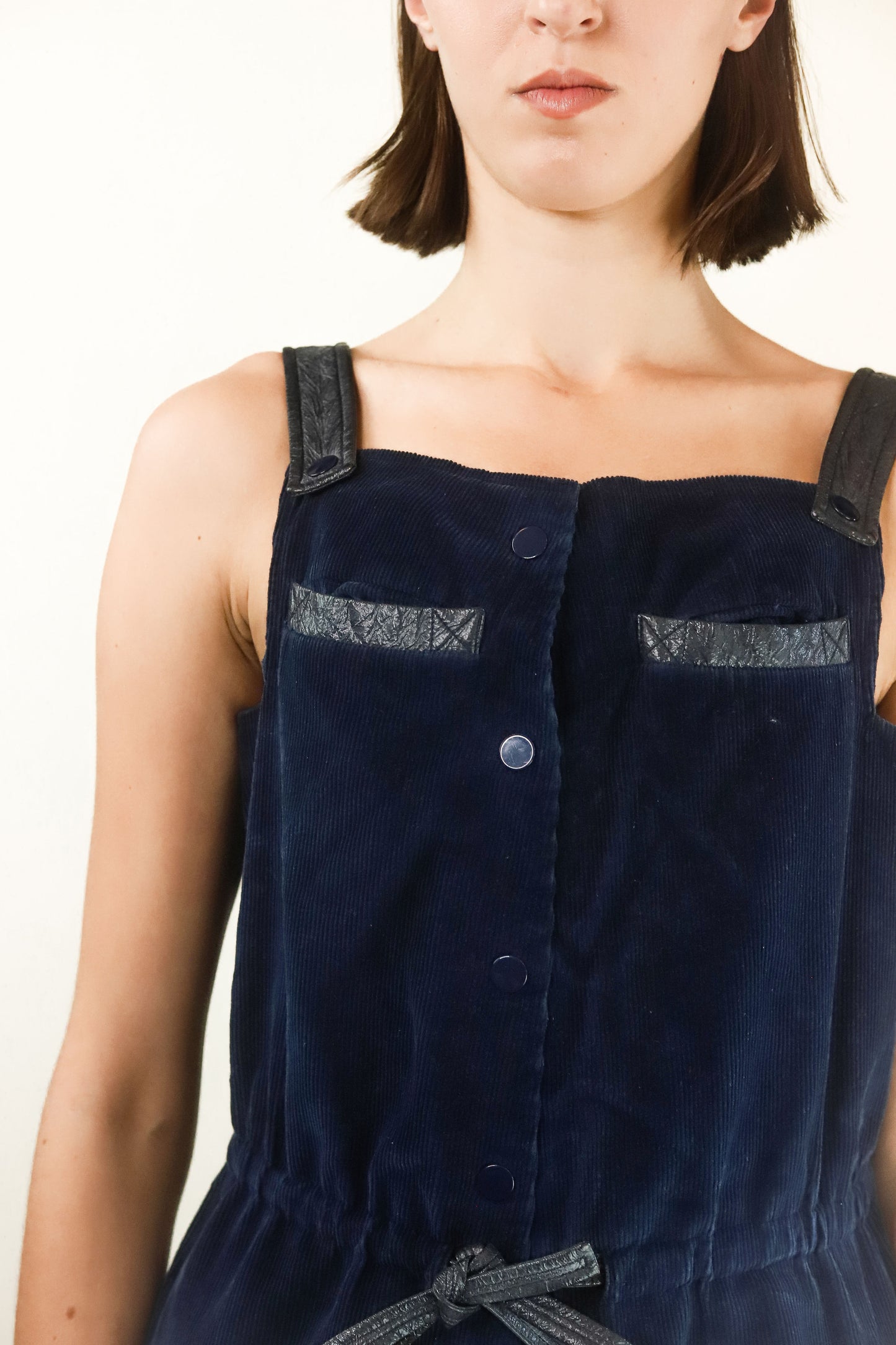 Courreges Hyperbole c.1970's Navy Corduroy and Vinyl Jumpsuit