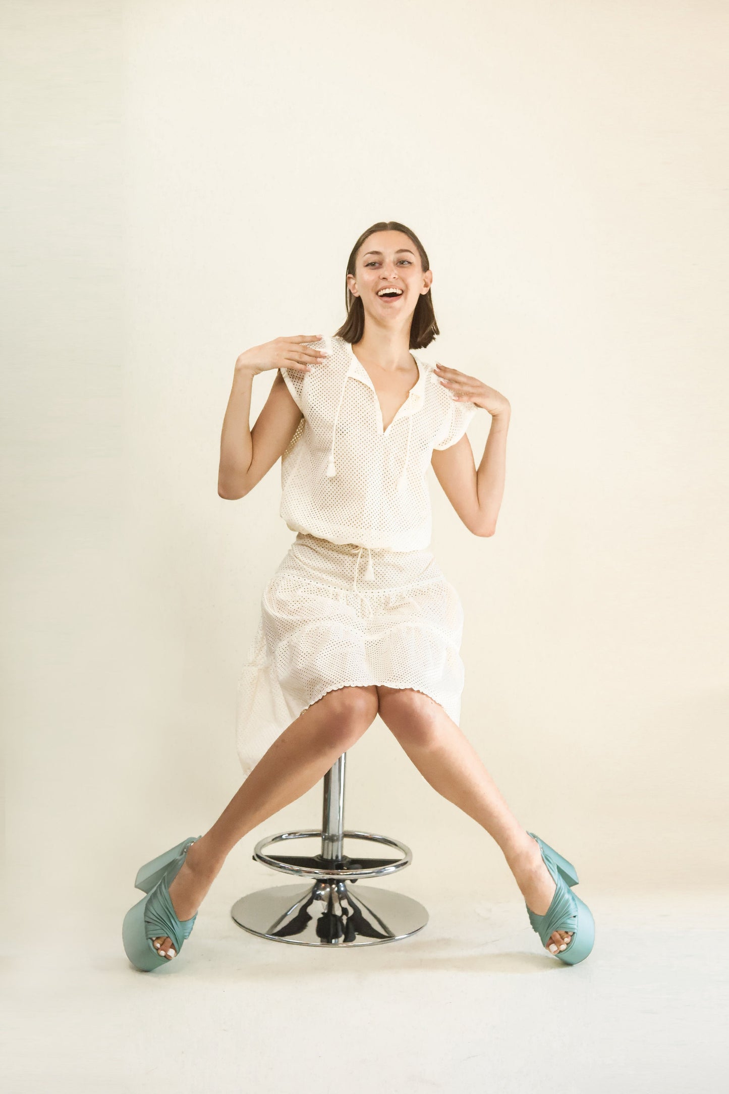 Courreges c. 1980's White Eyelet Skirt & Top Set - The Kit Vintage