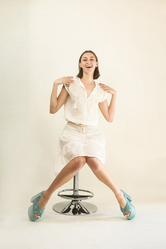 Courreges c. 1980's White Eyelet Skirt & Top Set - The Kit Vintage
