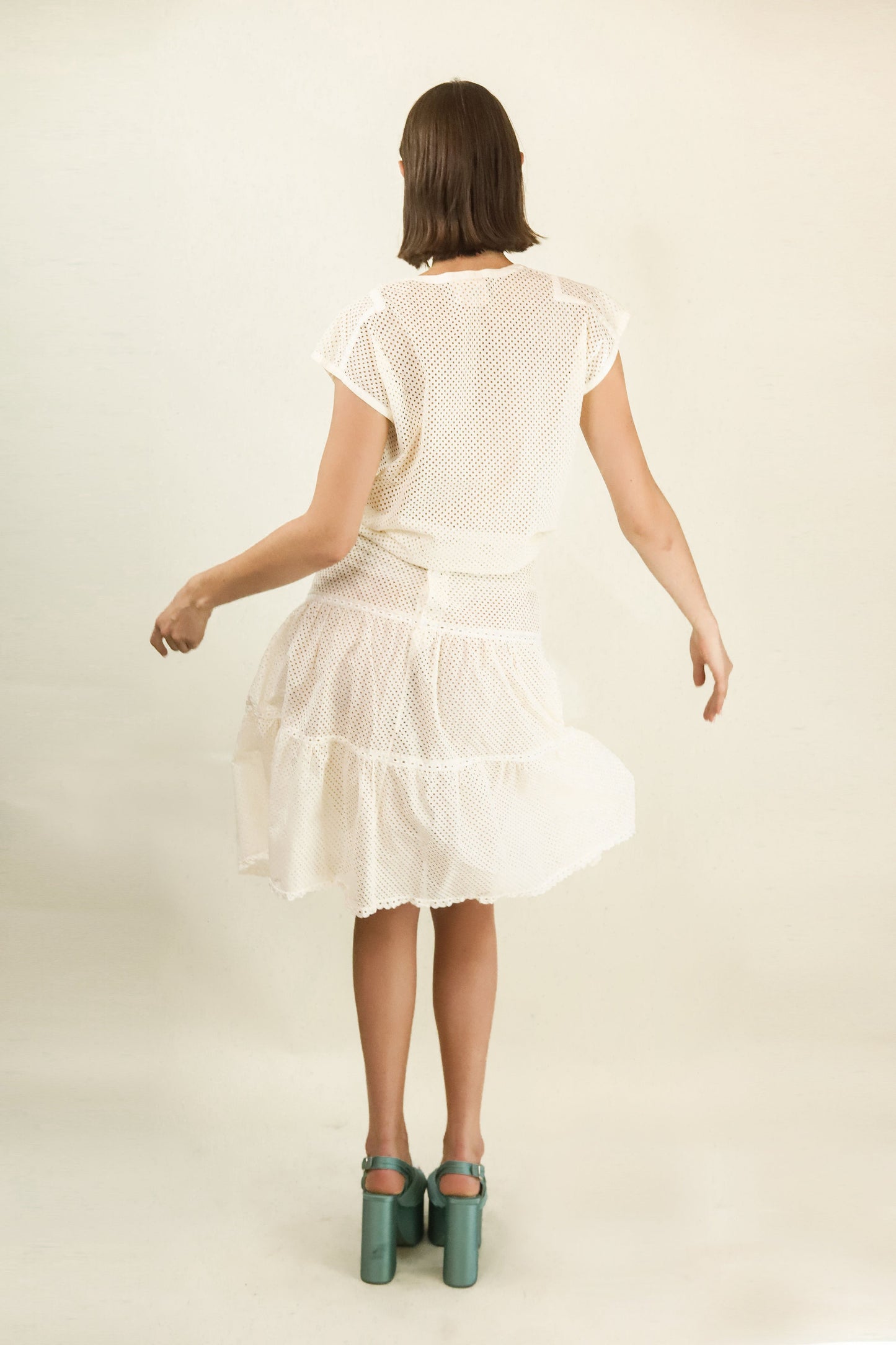 Courreges c. 1980's White Eyelet Skirt & Top Set - The Kit Vintage