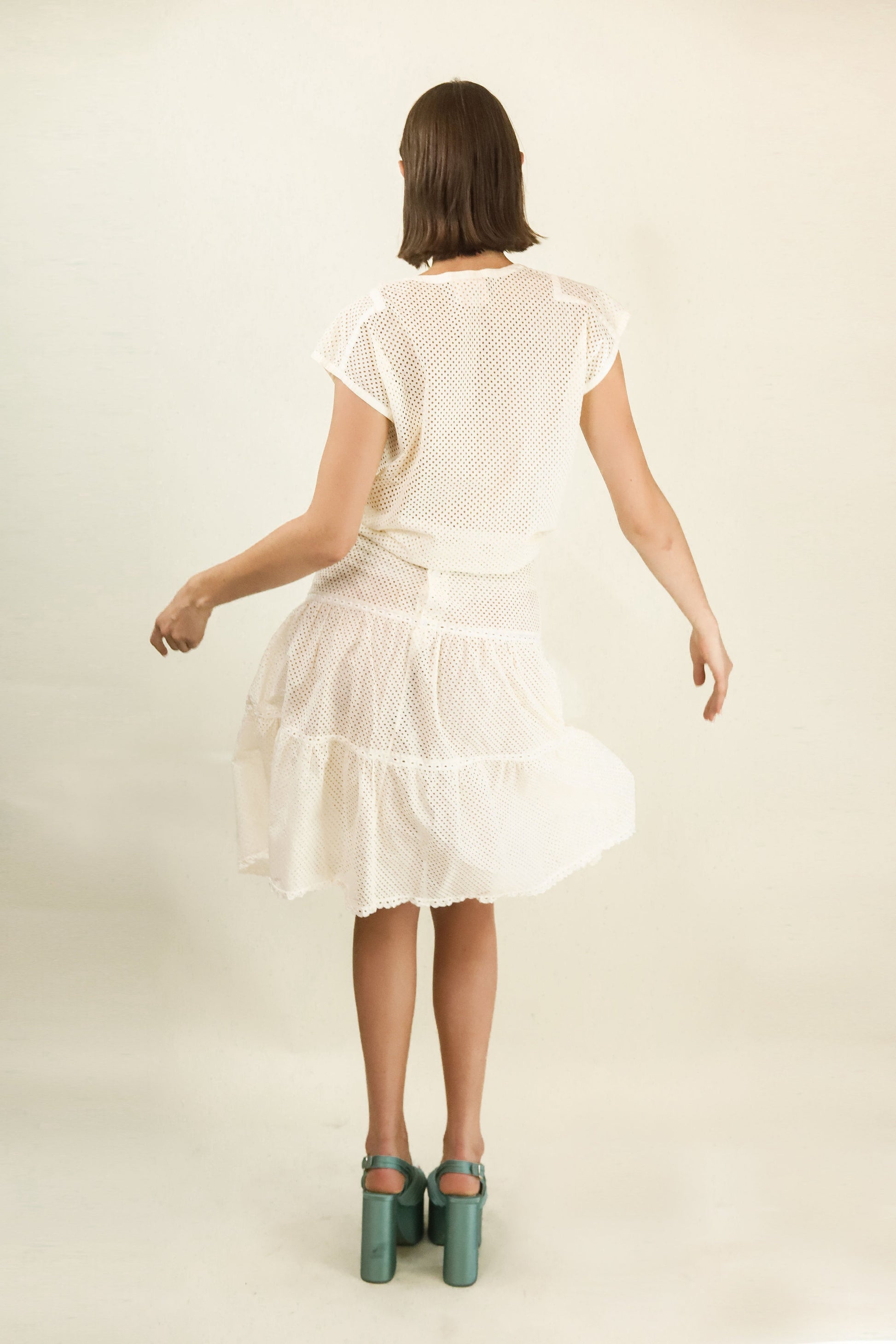 Courreges c. 1980's White Eyelet Skirt & Top Set - The Kit Vintage