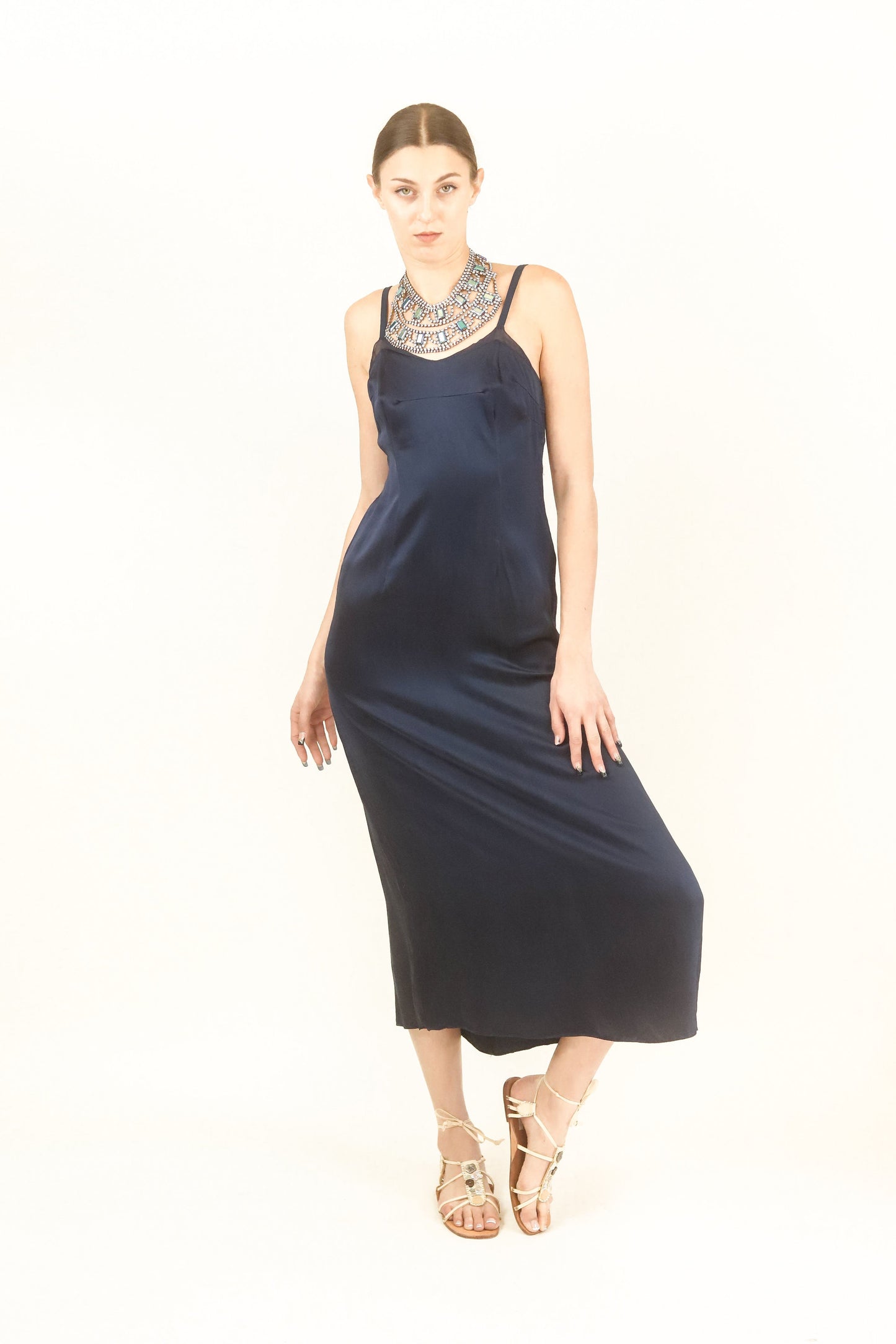 Navy Satin Slip Dress - The Kit Vintage