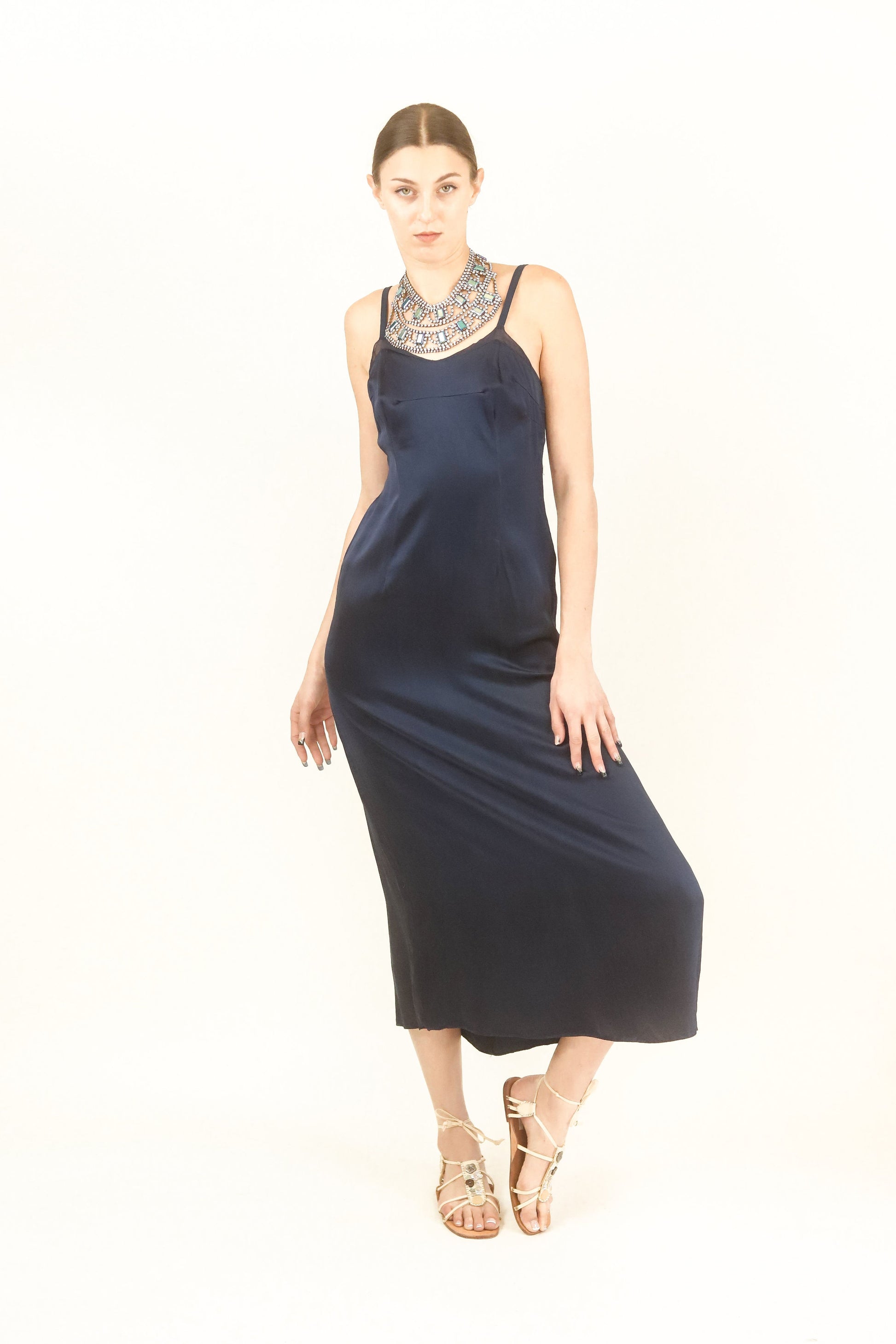 Navy Satin Slip Dress - The Kit Vintage