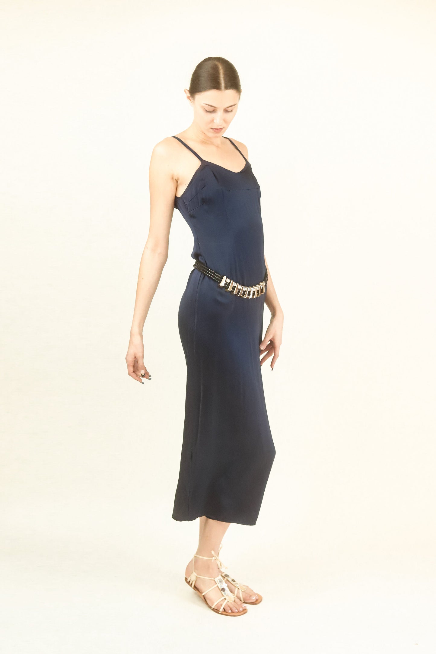 Navy Satin Slip Dress - The Kit Vintage